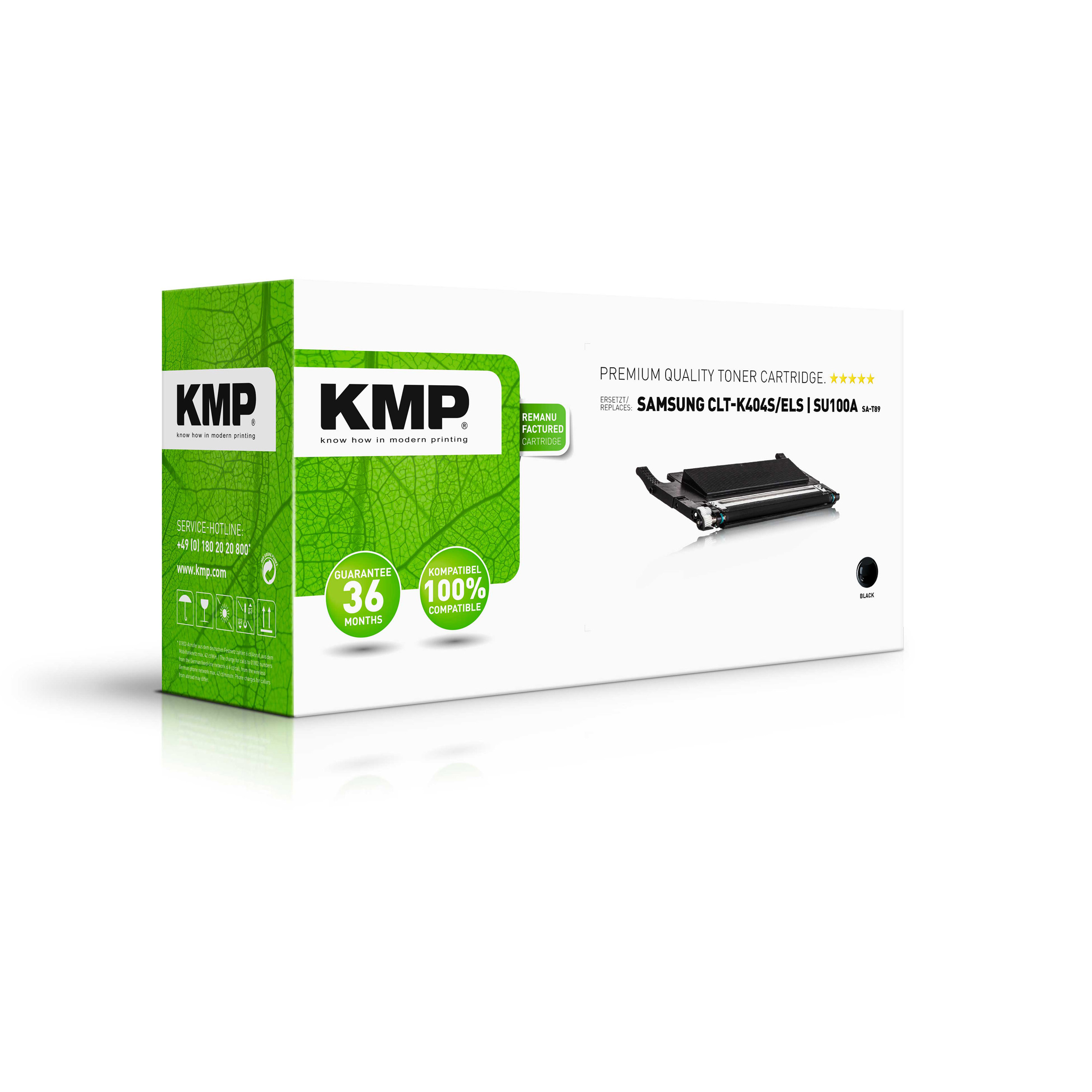 Caja de cartucho de tóner KMP sobre blanco. Caja verde y blanca con detalles del producto y logotipo.