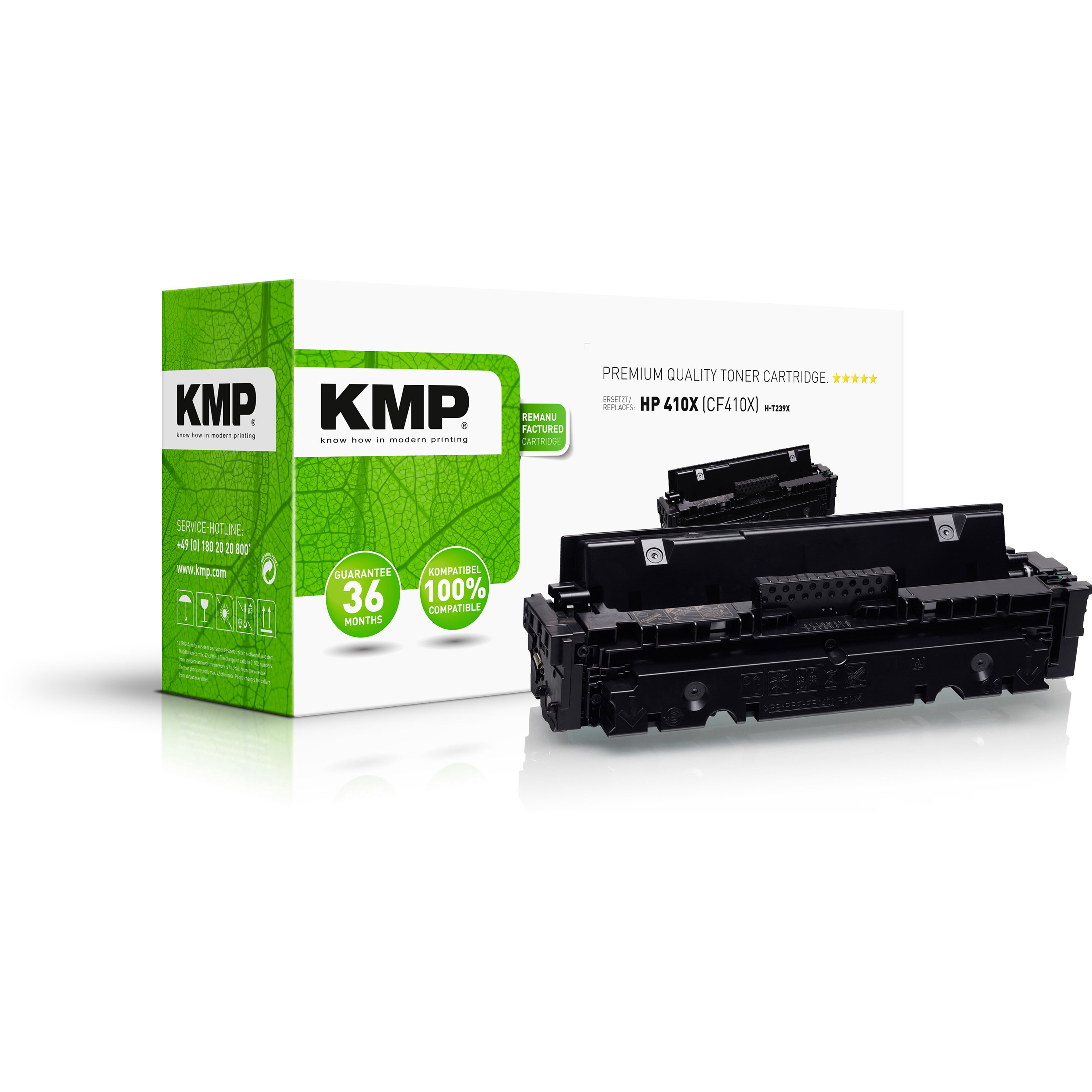 Una caja de cartucho de tóner KMP y un cartucho de tóner. Texto: Cartucho de tóner de calidad superior.