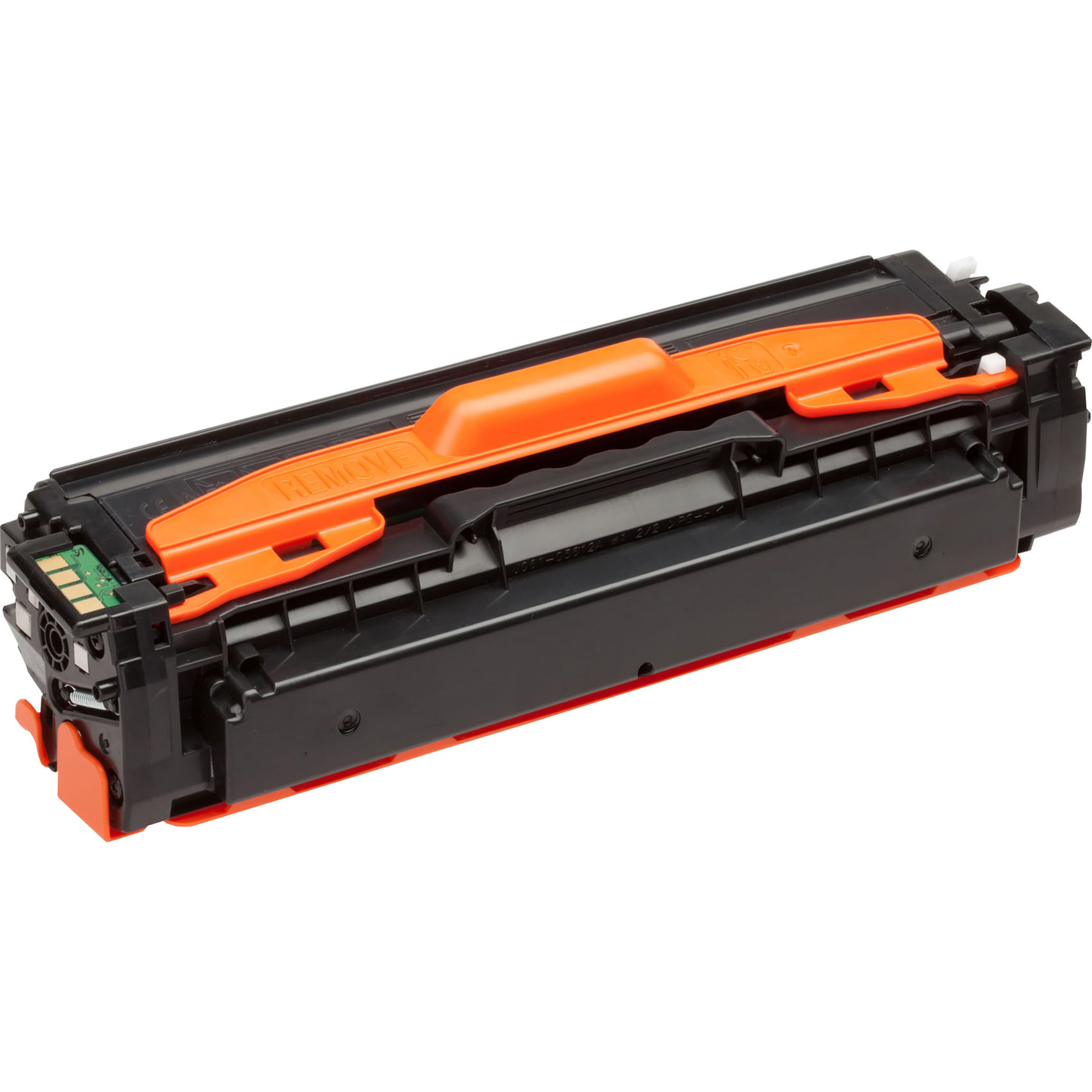 Czarny wkład z tonerem. Pomarańczowy uchwyt. Etykieta Usuń. Czarny plastik. Białe tło.