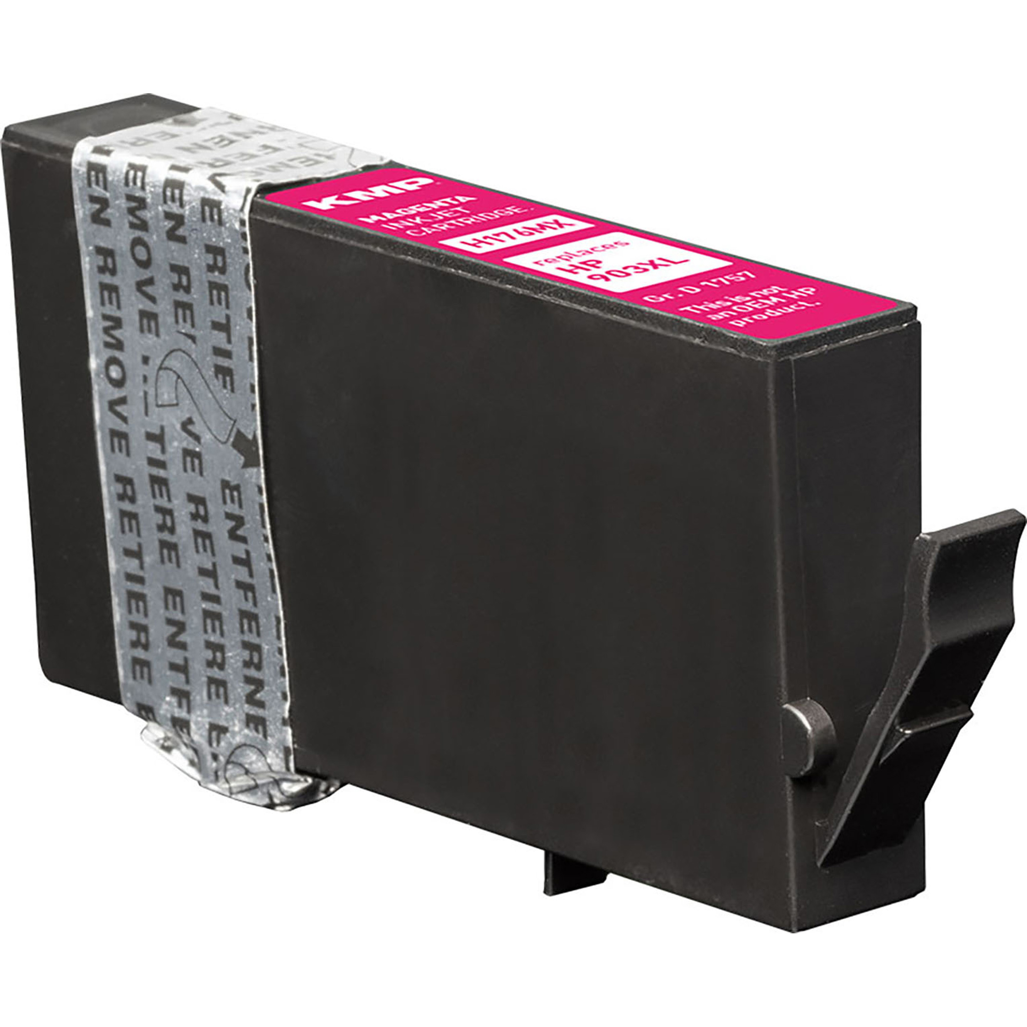 Cartuccia d'inchiostro magenta, corpo nero e sfondo bianco.