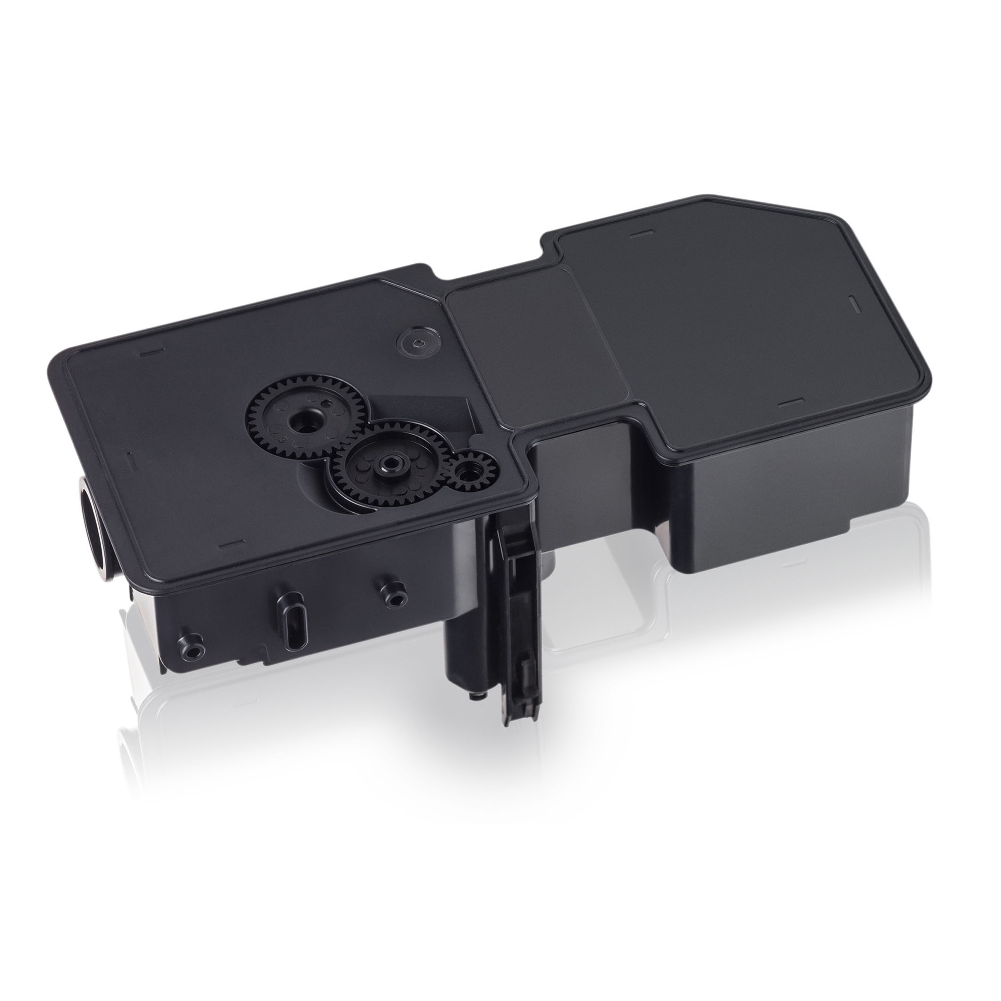Czarny plastikowy element drukarki z zębatkami i innymi częściami mechanicznymi w środku.