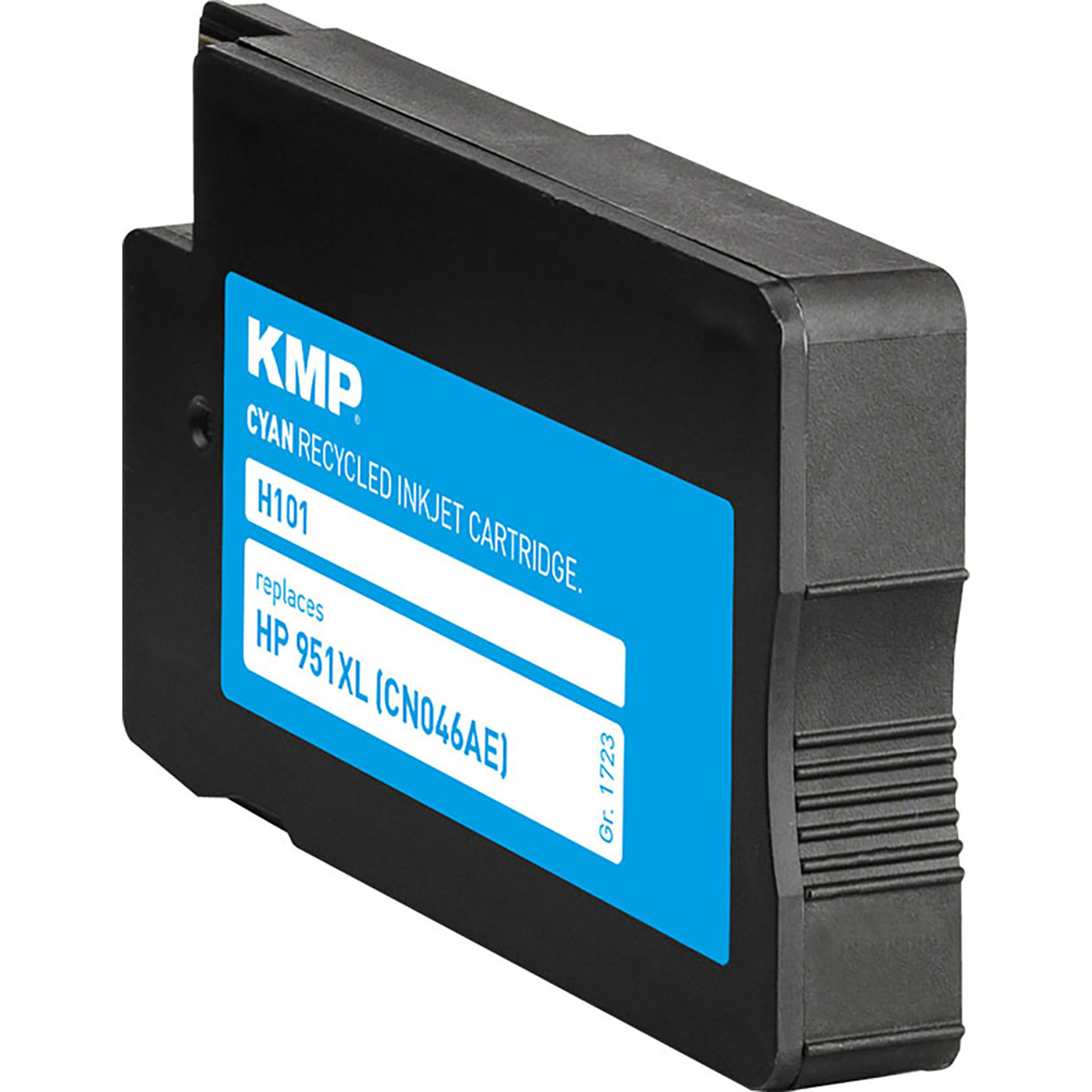 Cartuccia a getto d'inchiostro riciclata KMP Cyan nera e blu con testo ed etichette.