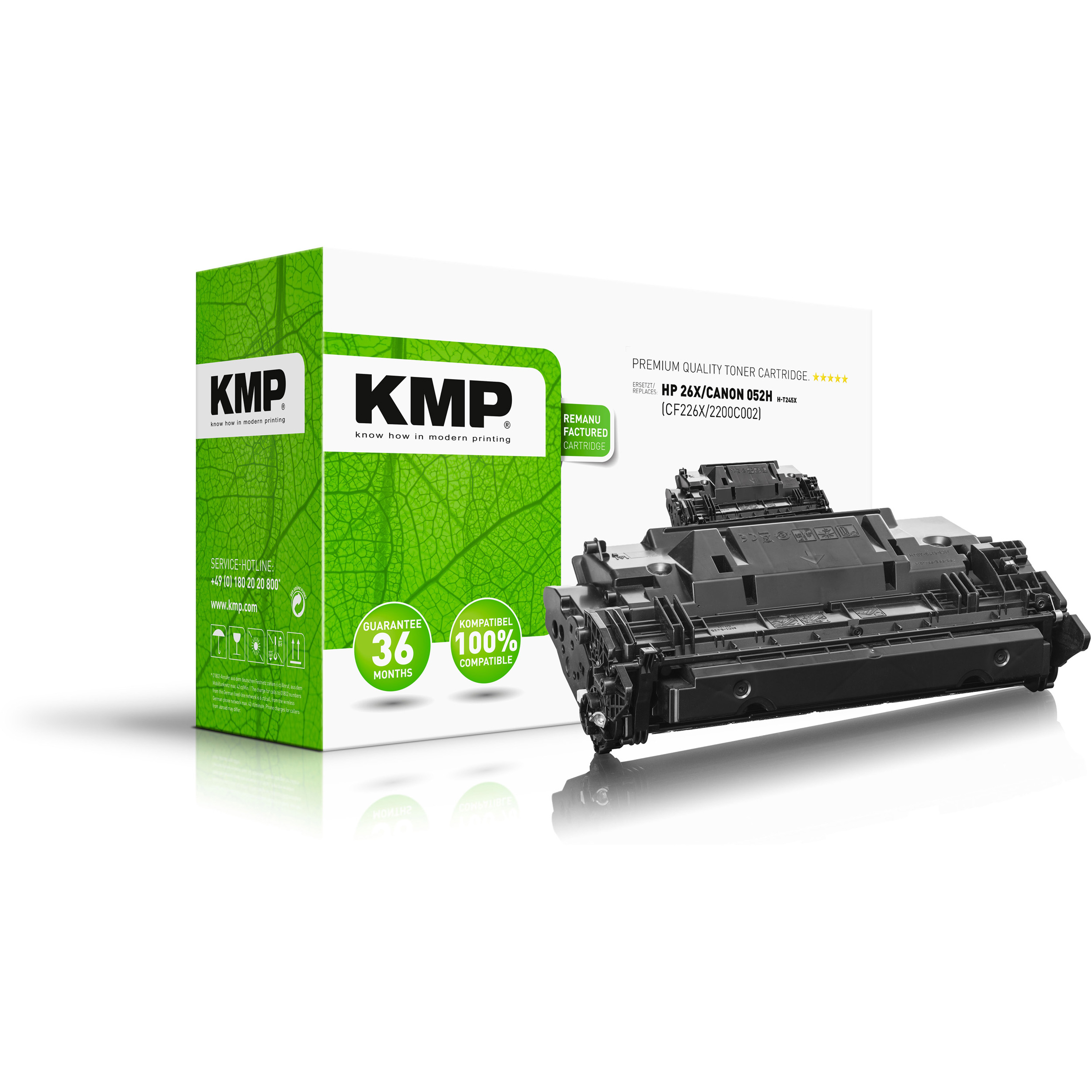 KMP Druckertoner-Box und Kartusche. Schwarze Kartusche rechts. Die Box zeigt Marke und Details.