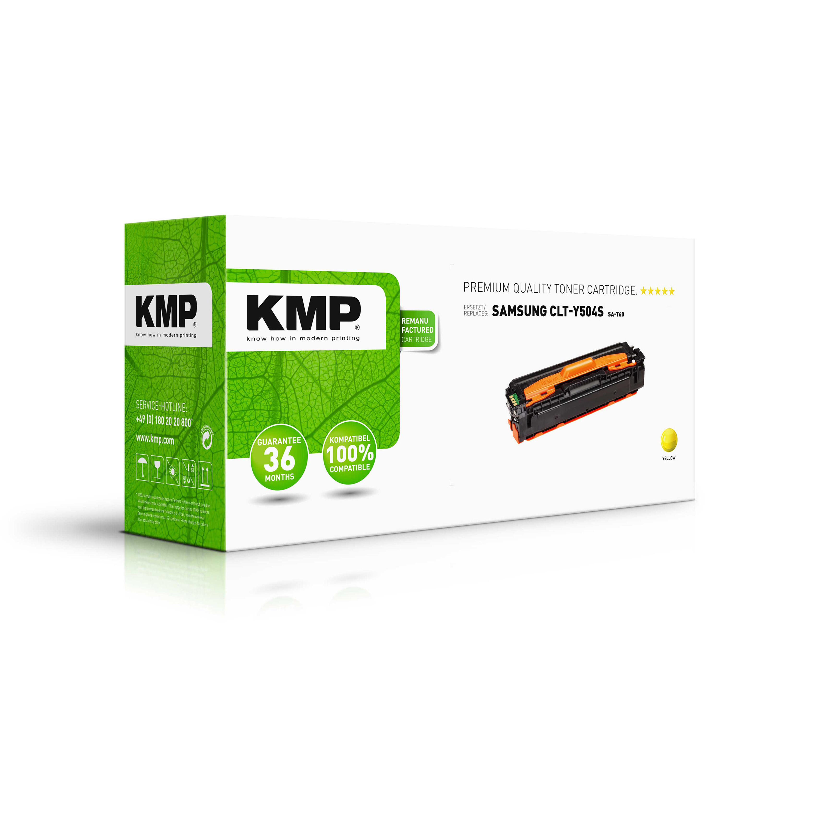 Scatola di toner KMP, giallo. Design a foglie verdi. Etichetta con garanzia e compatibilità.