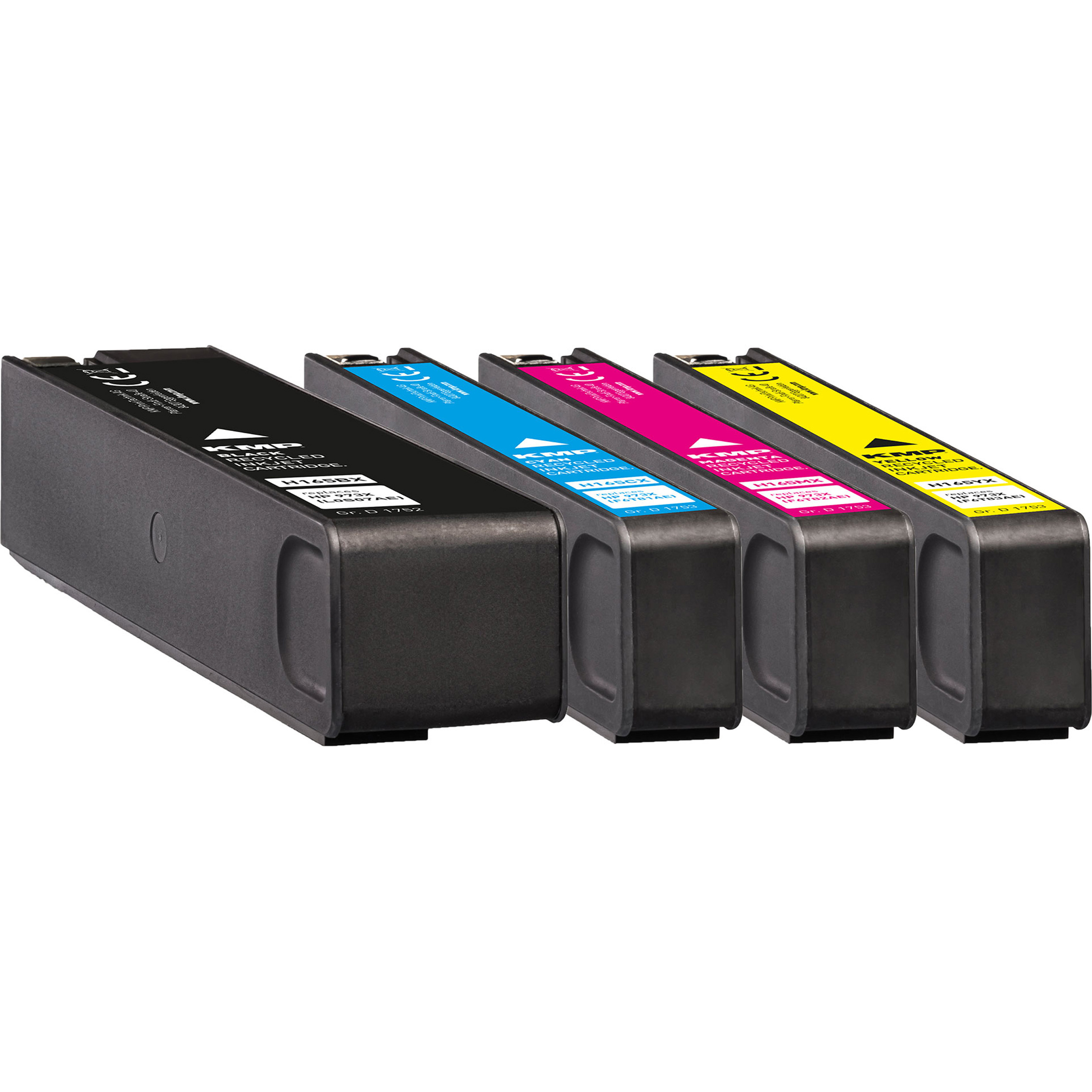 Quattro cartucce d'inchiostro in nero, ciano, magenta e giallo sono mostrate. Sono su uno sfondo bianco.