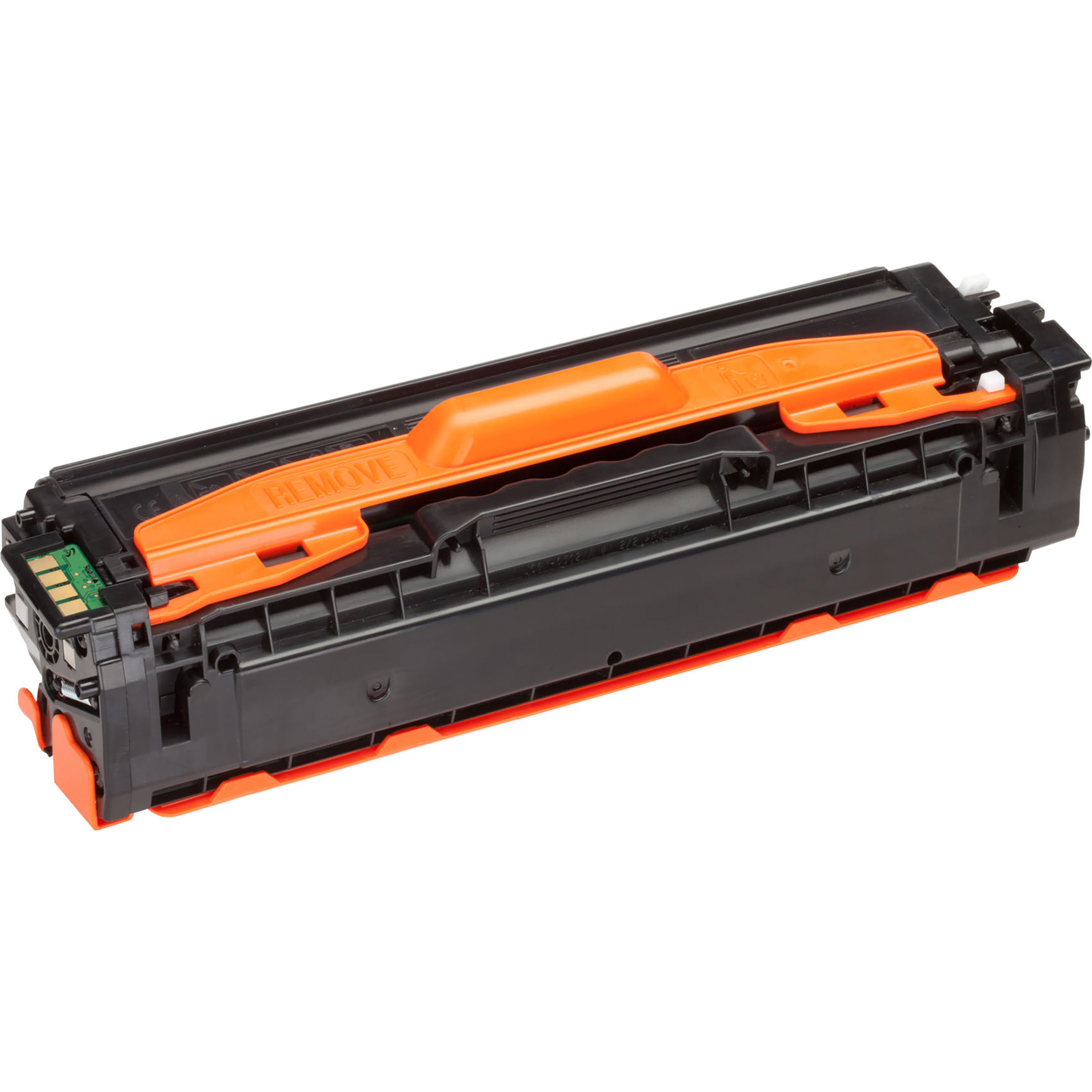 Cartuccia toner nera e arancione, sfondo bianco.