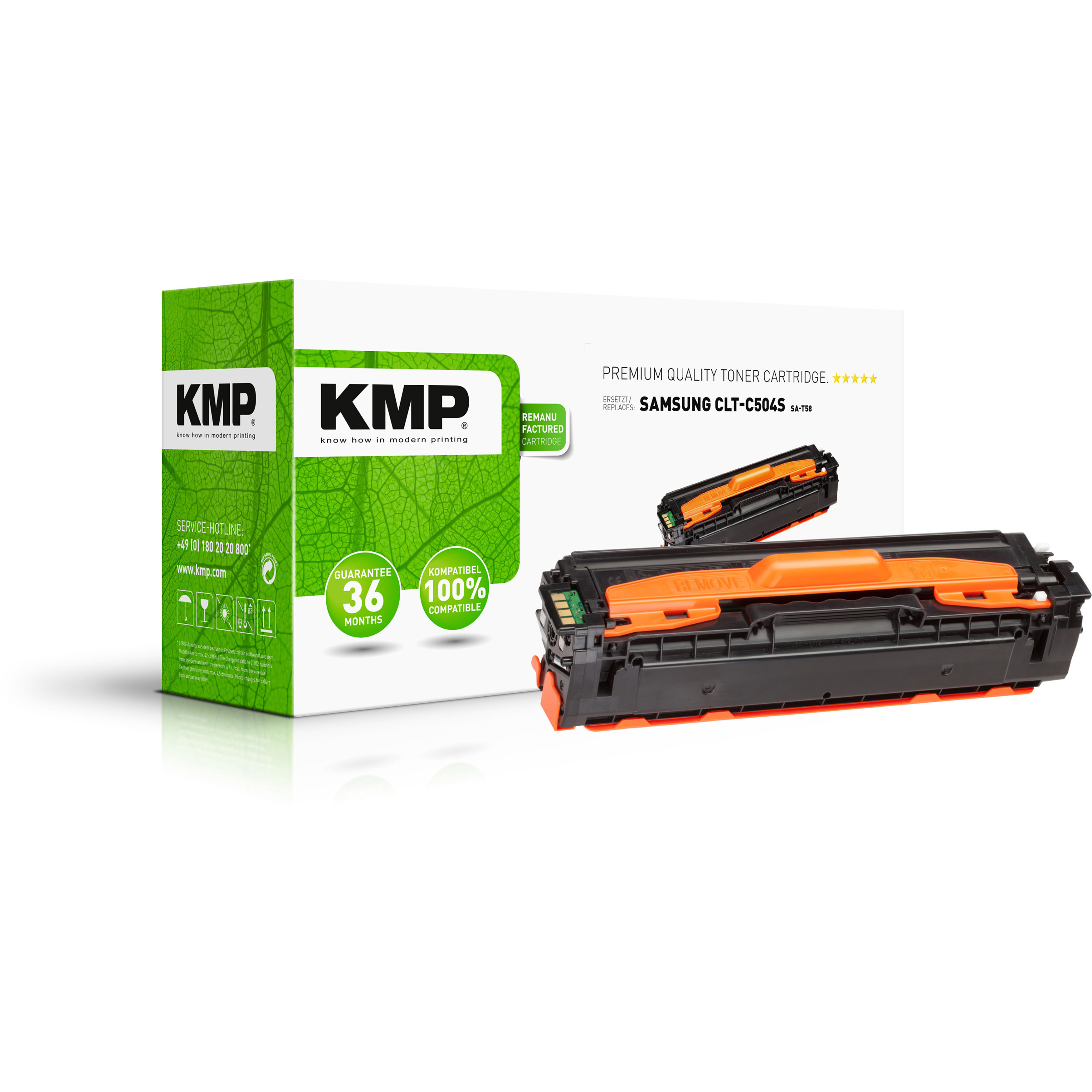 Scatola e cartuccia toner KMP. La scatola è verde e bianca. La cartuccia è arancione e nera.