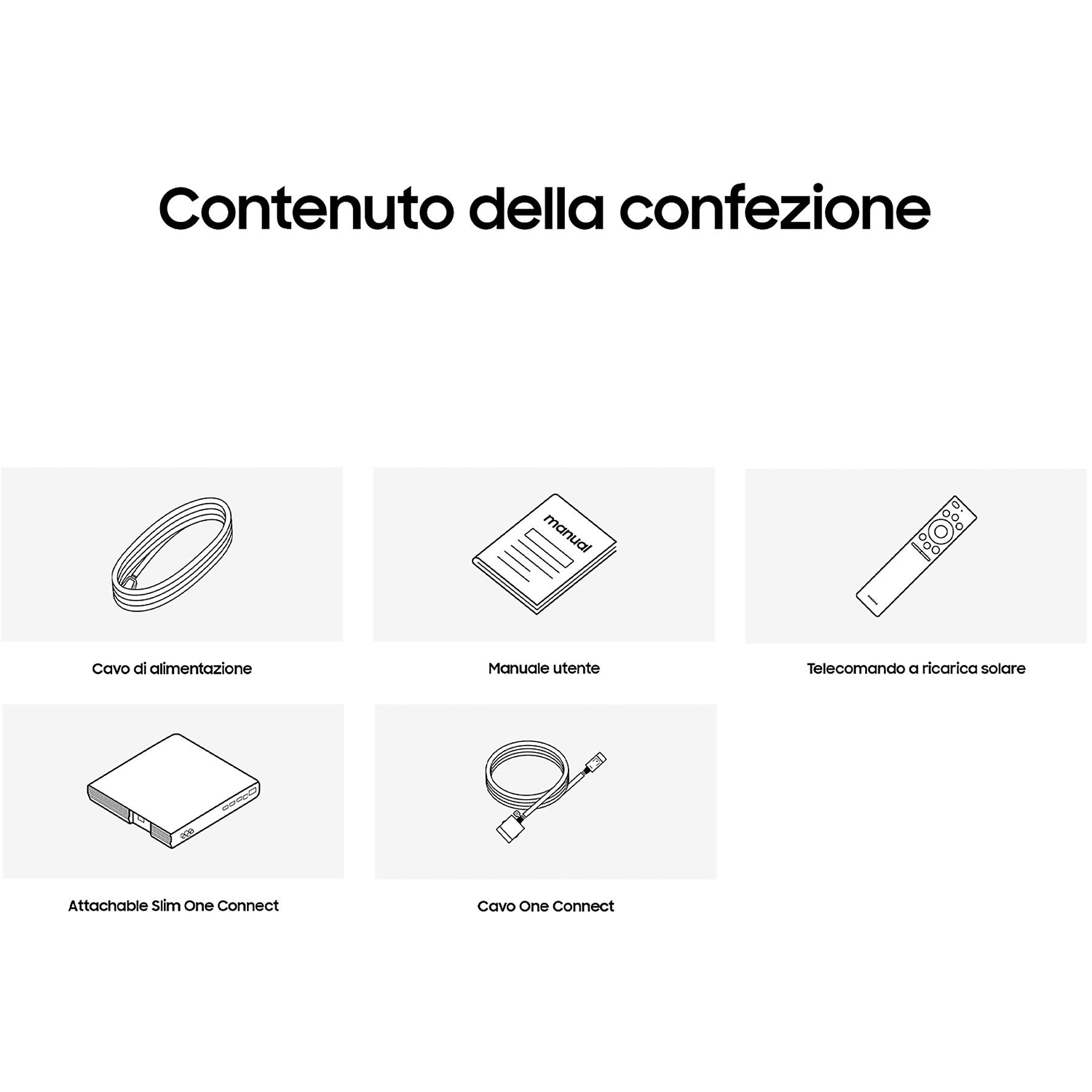 L'immagine mostra gli elementi inclusi: cavo di alimentazione, manuale utente, telecomando solare, connettore collegabile e cavo One Connect.