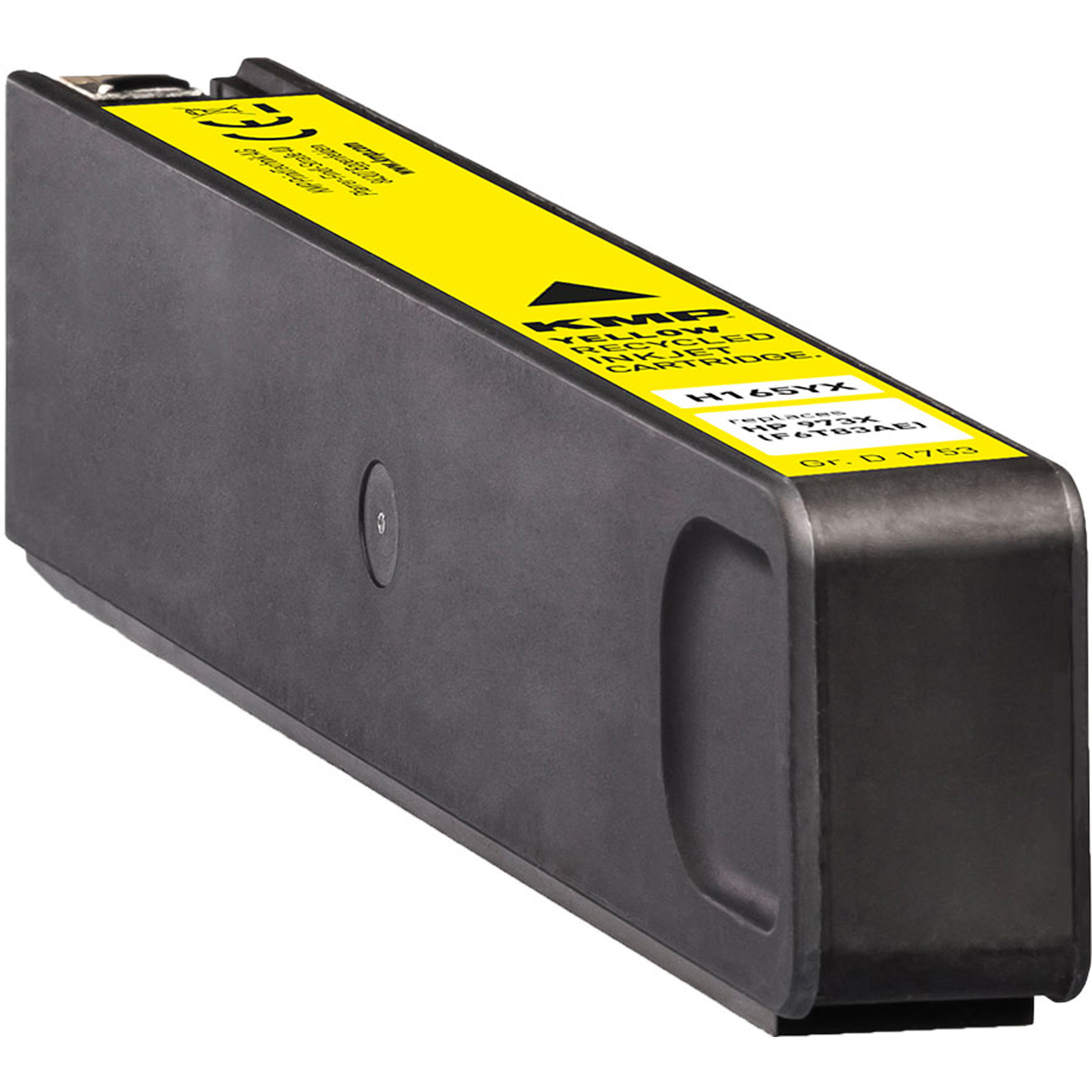 Cartuccia d'inchiostro KMP gialla con etichetta. Design nero e giallo, per stampanti a getto d'inchiostro.