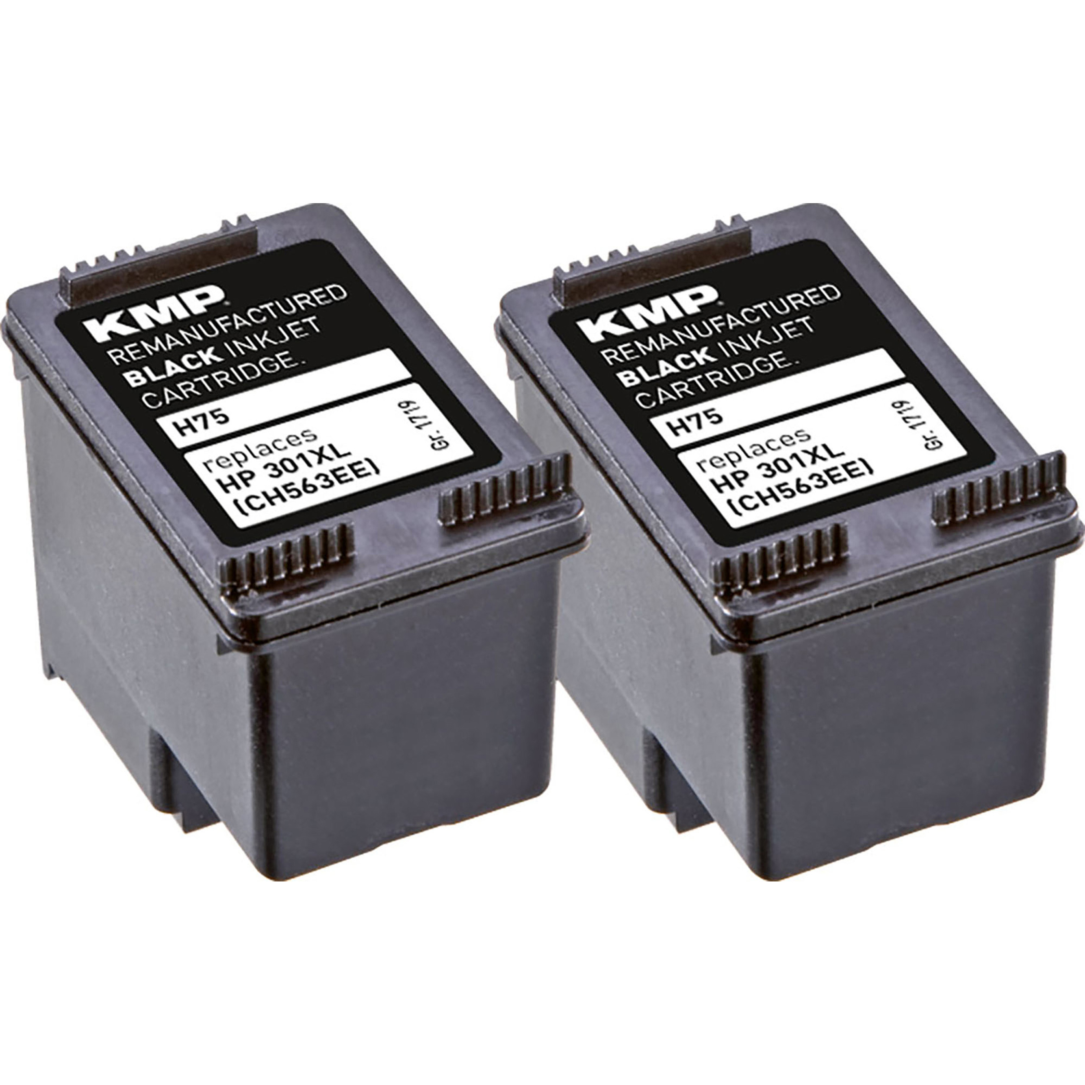 Zwei schwarze Tintenpatronen auf Weiß. Sie sind mit 'H75' und 'HP 301XL' beschriftet.