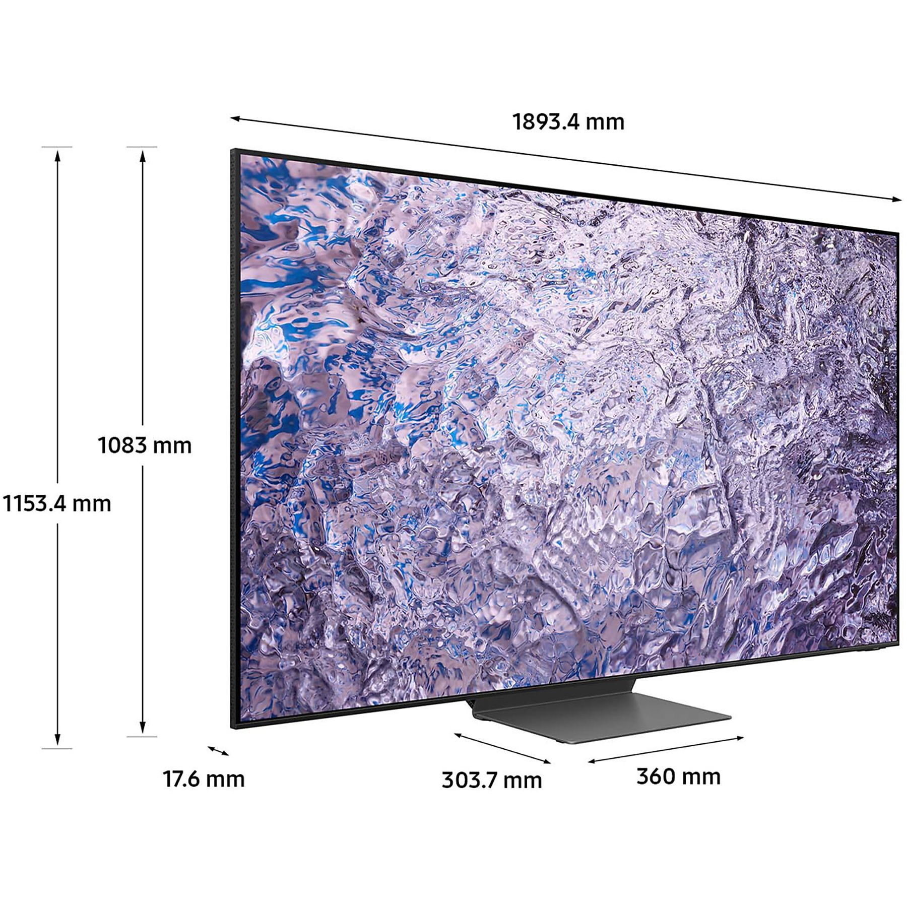 TV grande, cornice nera. Dimensioni indicate. Base argentata. Sfondo bianco.