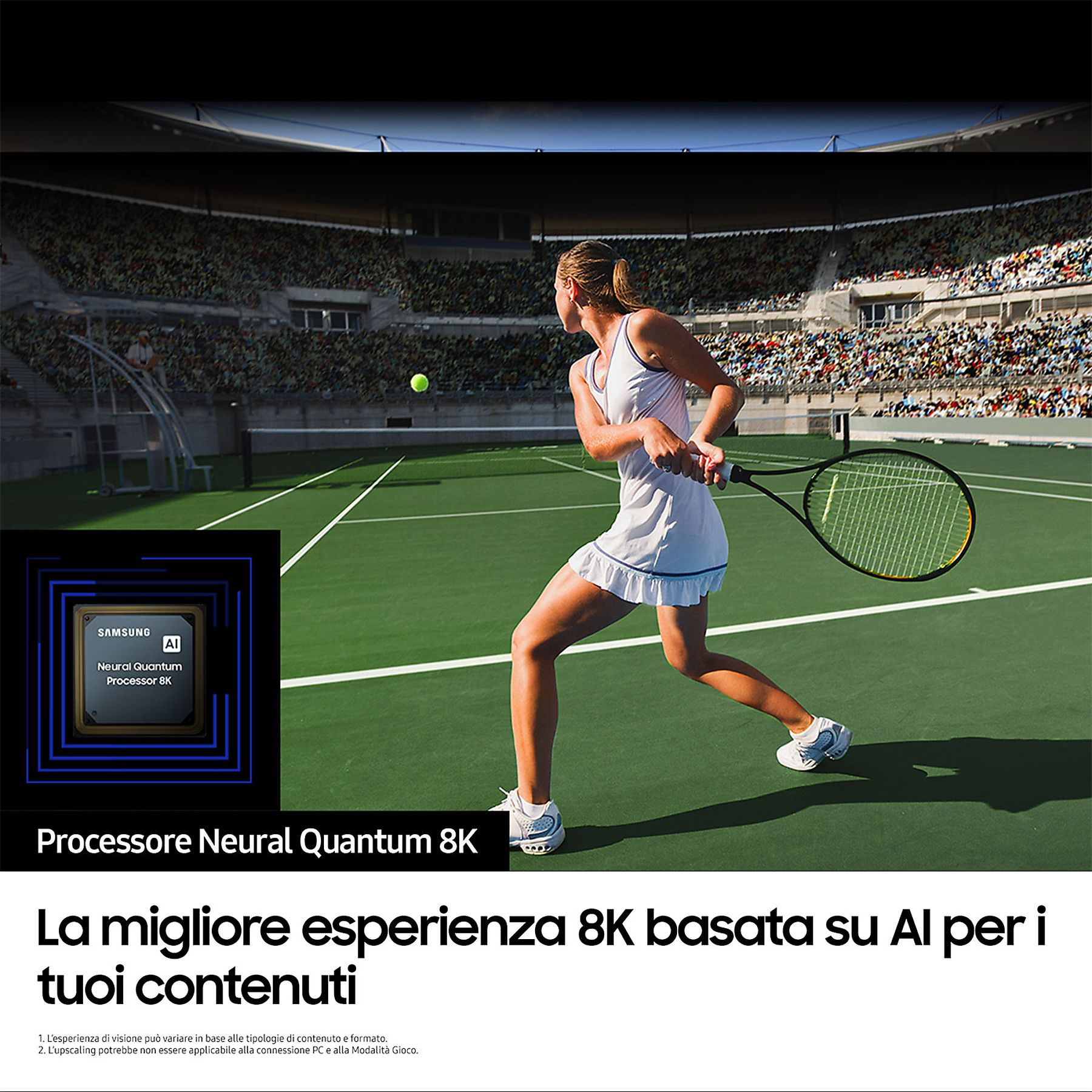 Giocatore di tennis in campo, colpisce la palla. Logo e testo Samsung AI in basso.