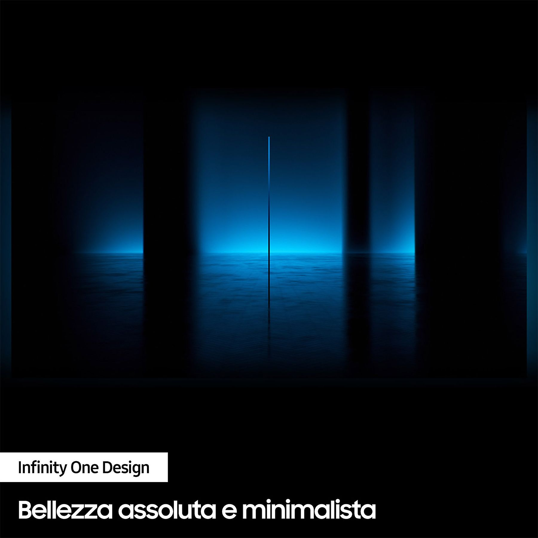 Una luce al neon blu in una stanza buia. Muri e pavimento neri riflettono la luce.