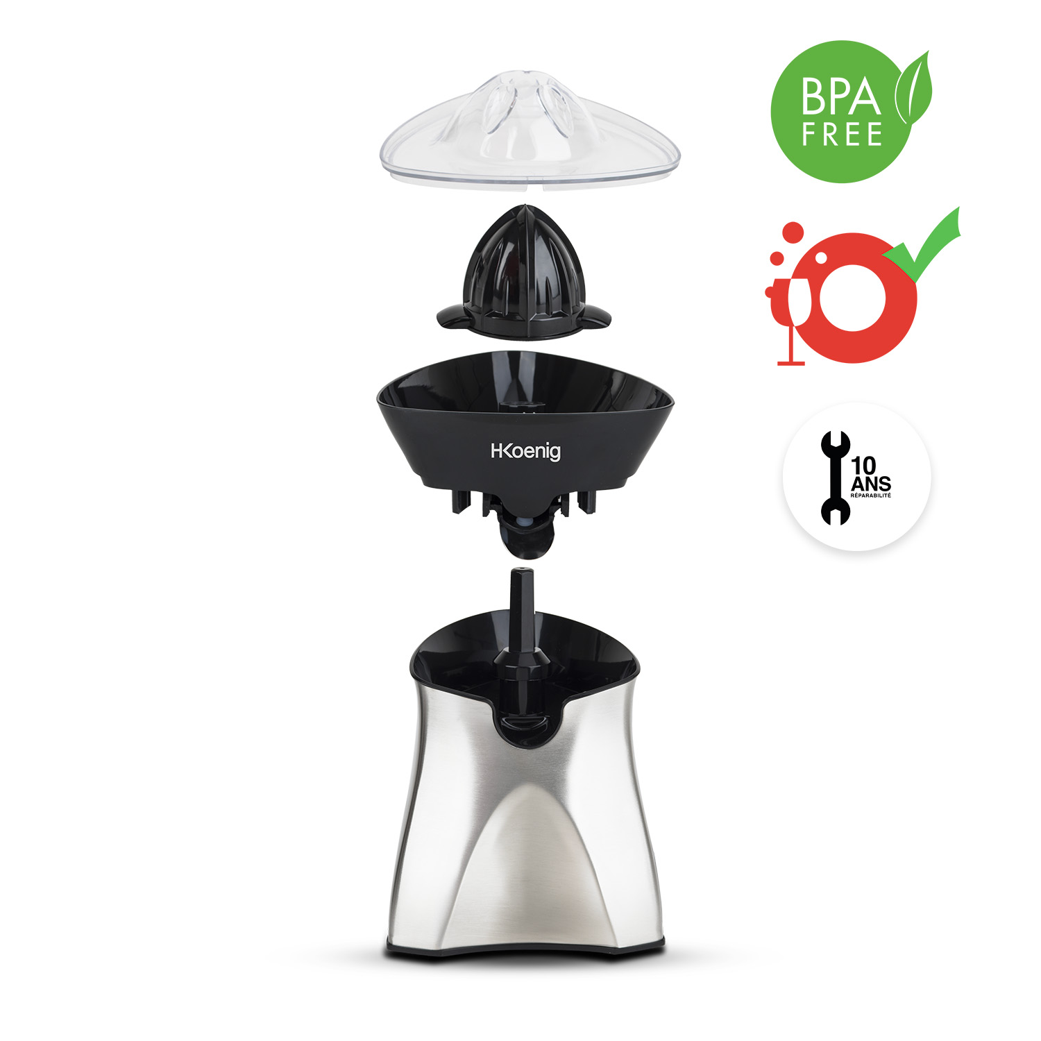 Widok rozstrzelony elektrycznej wyciskarki do cytrusów z czarnymi i srebrnymi elementami.