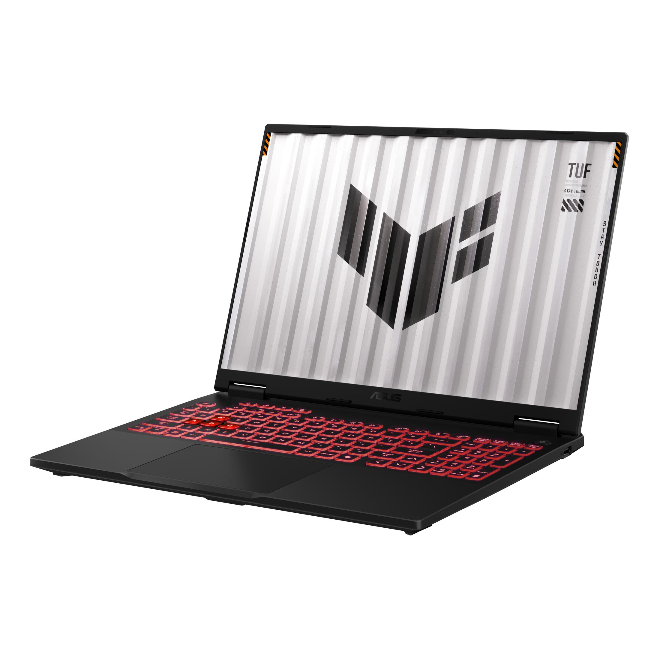 Laptop nero con tastiera retroilluminata rossa, vista angolata. Lo schermo bianco mostra un logo nero.