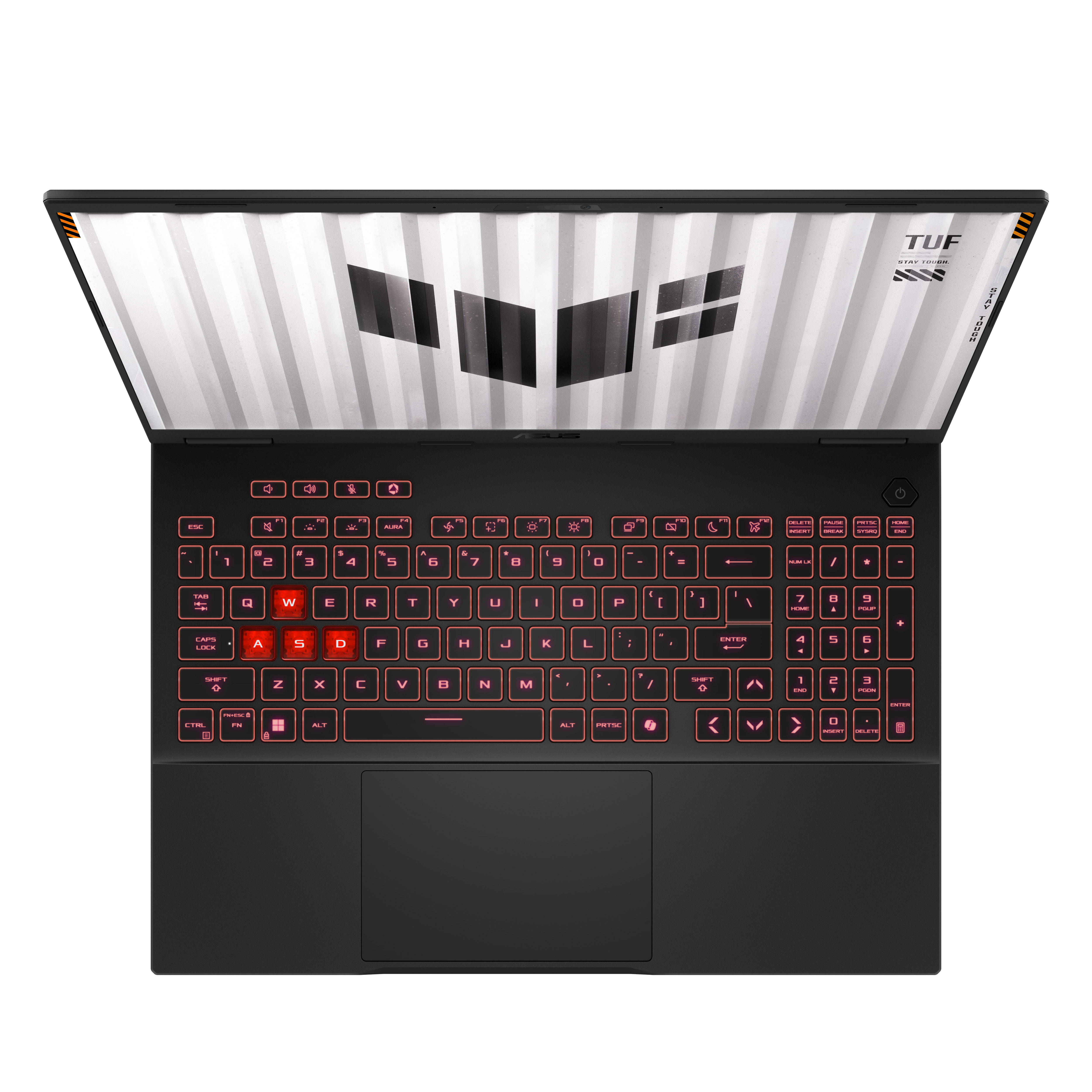 Vista dall'alto di un laptop nero con tastiera rosa illuminata. Lo schermo mostra linee bianche.