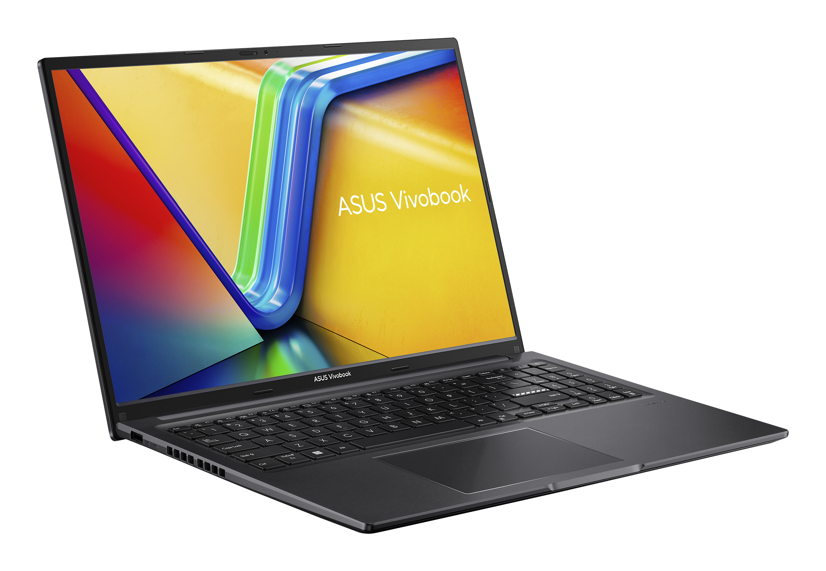 Black laptop angled, showing the screen with a colorful image and keyboard. White background.