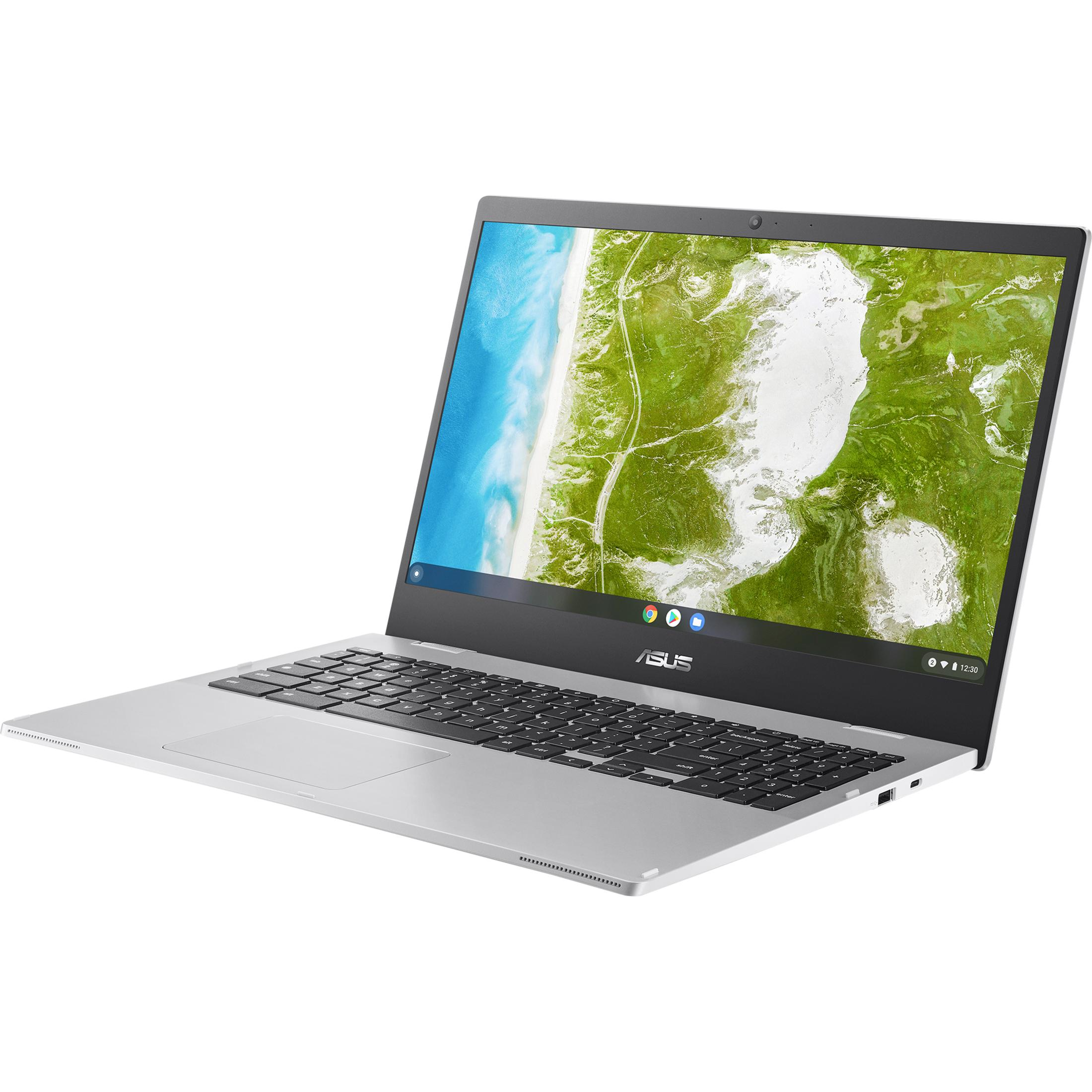 Silberner ASUS Laptop geöffnet, zeigt den Bildschirm. Der Laptop steht auf weißem Untergrund.