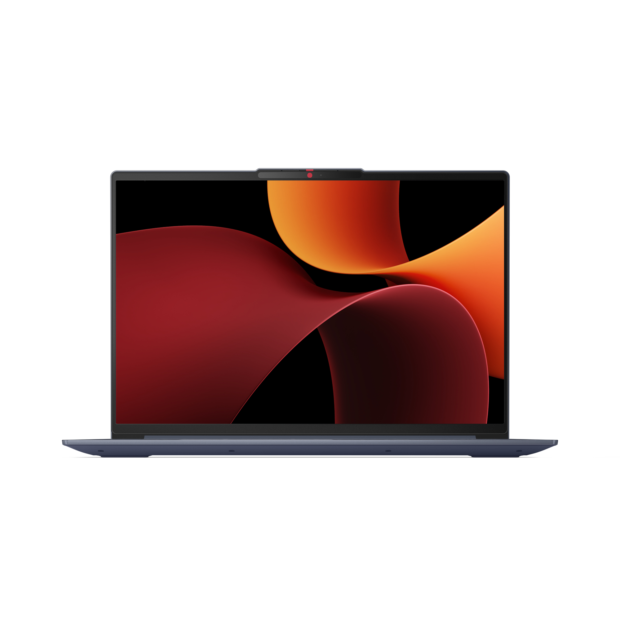 Laptop, blu scuro, aperto. Lo schermo mostra un design astratto rosso e arancione.