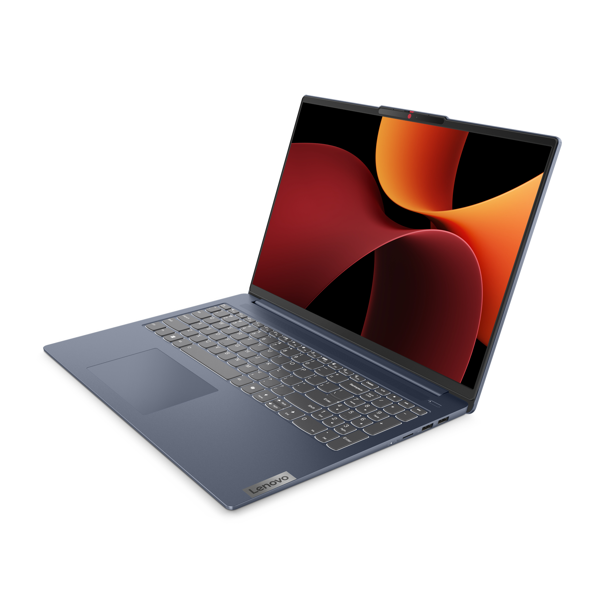 Un laptop Lenovo blu parzialmente aperto, con un'immagine astratta colorata sullo schermo.