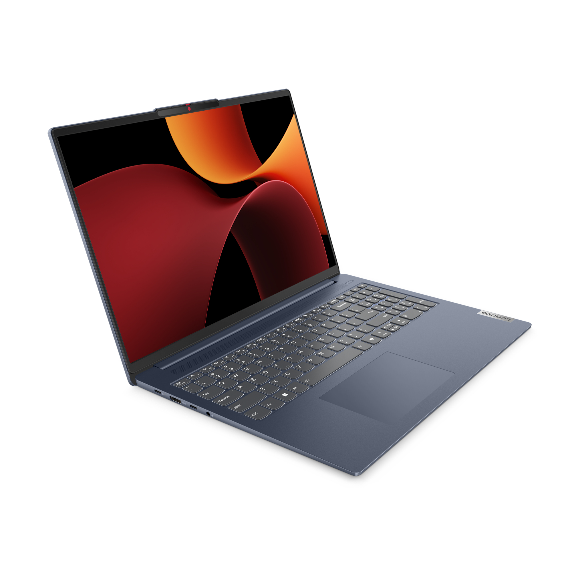 Laptop Lenovo blu, aperto, che mostra lo schermo con arte astratta. Sfondo bianco.