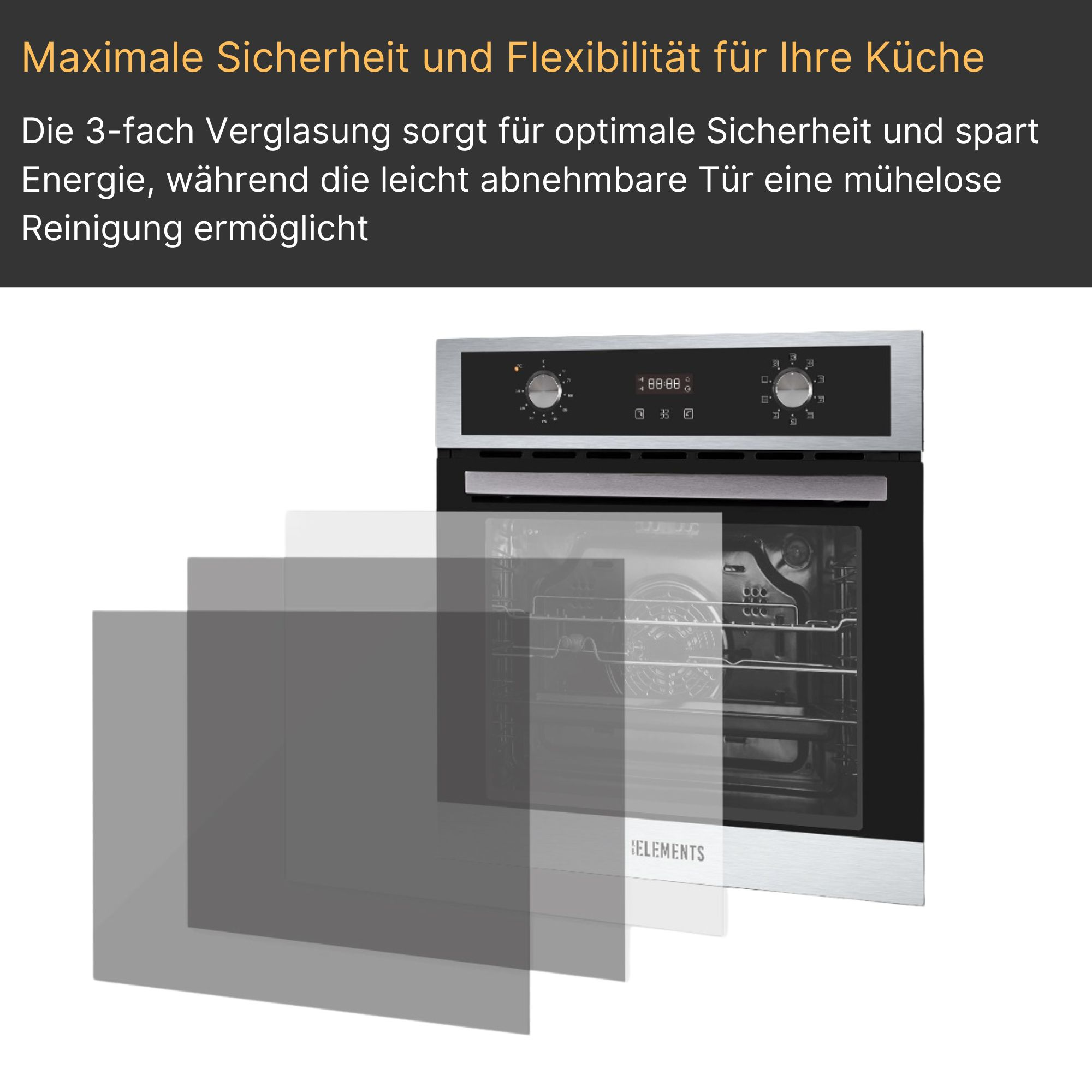Backofen mit Glasscheiben. Drei Glasscheiben befinden sich vor dem Ofen.