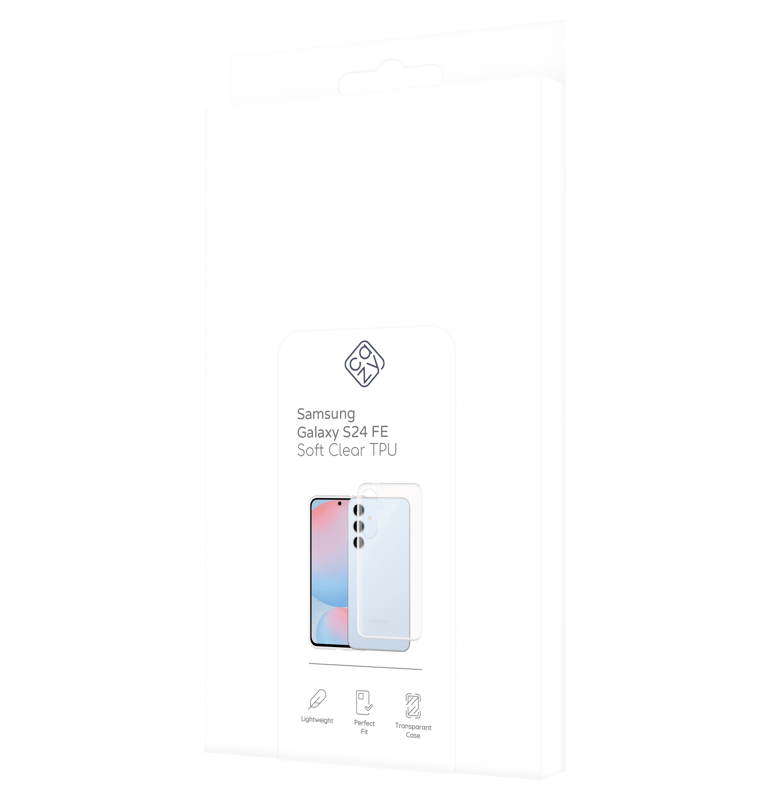 Eine weiße Schachtel mit einer Samsung Galaxy S24 FE Soft Clear TPU Hülle. Sie zeigt das Telefon darin.