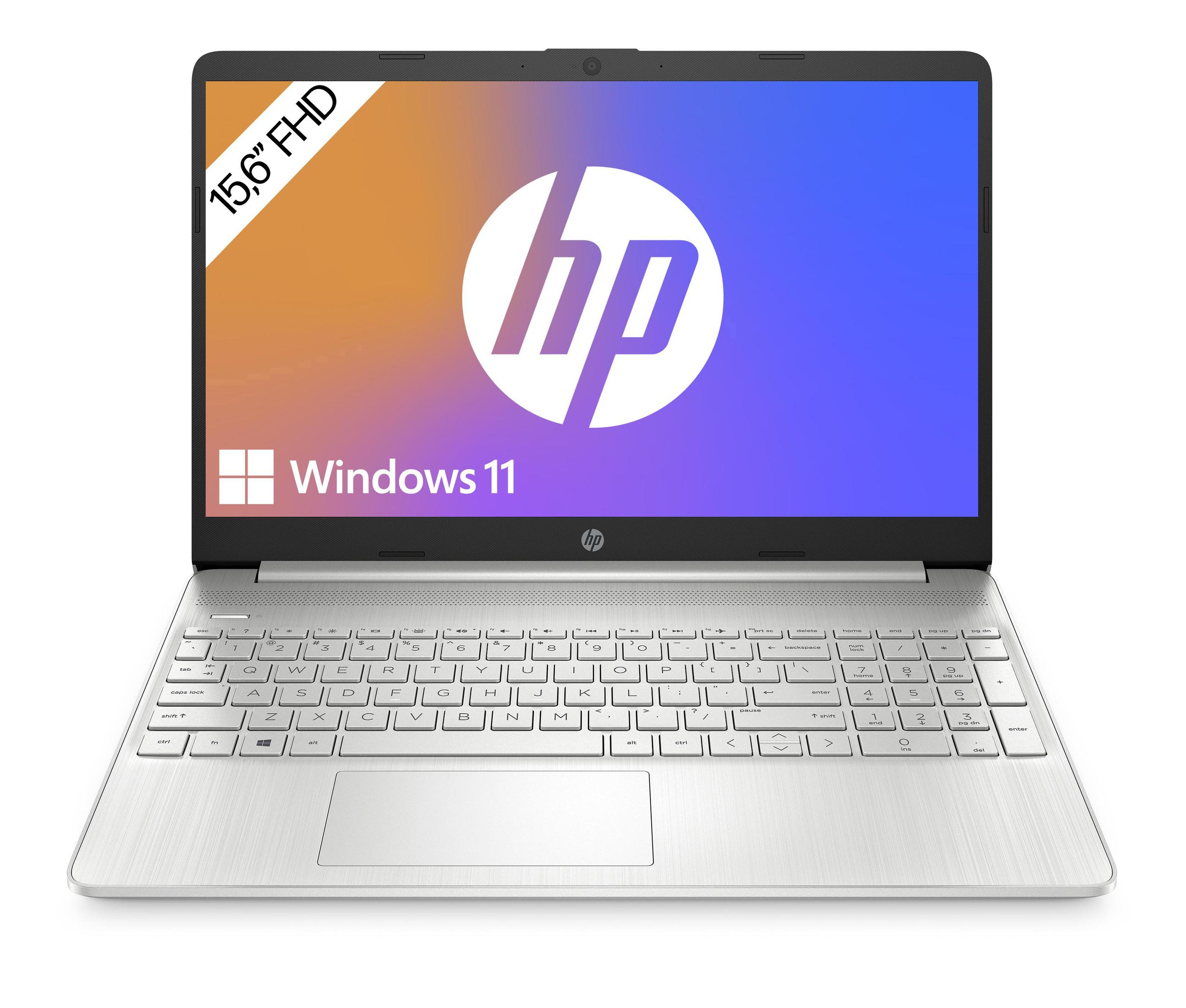 HP Laptop mit Bildschirm, der Windows 11 zeigt. Silberfarbener Laptop mit Tastatur. Weißer Hintergrund.