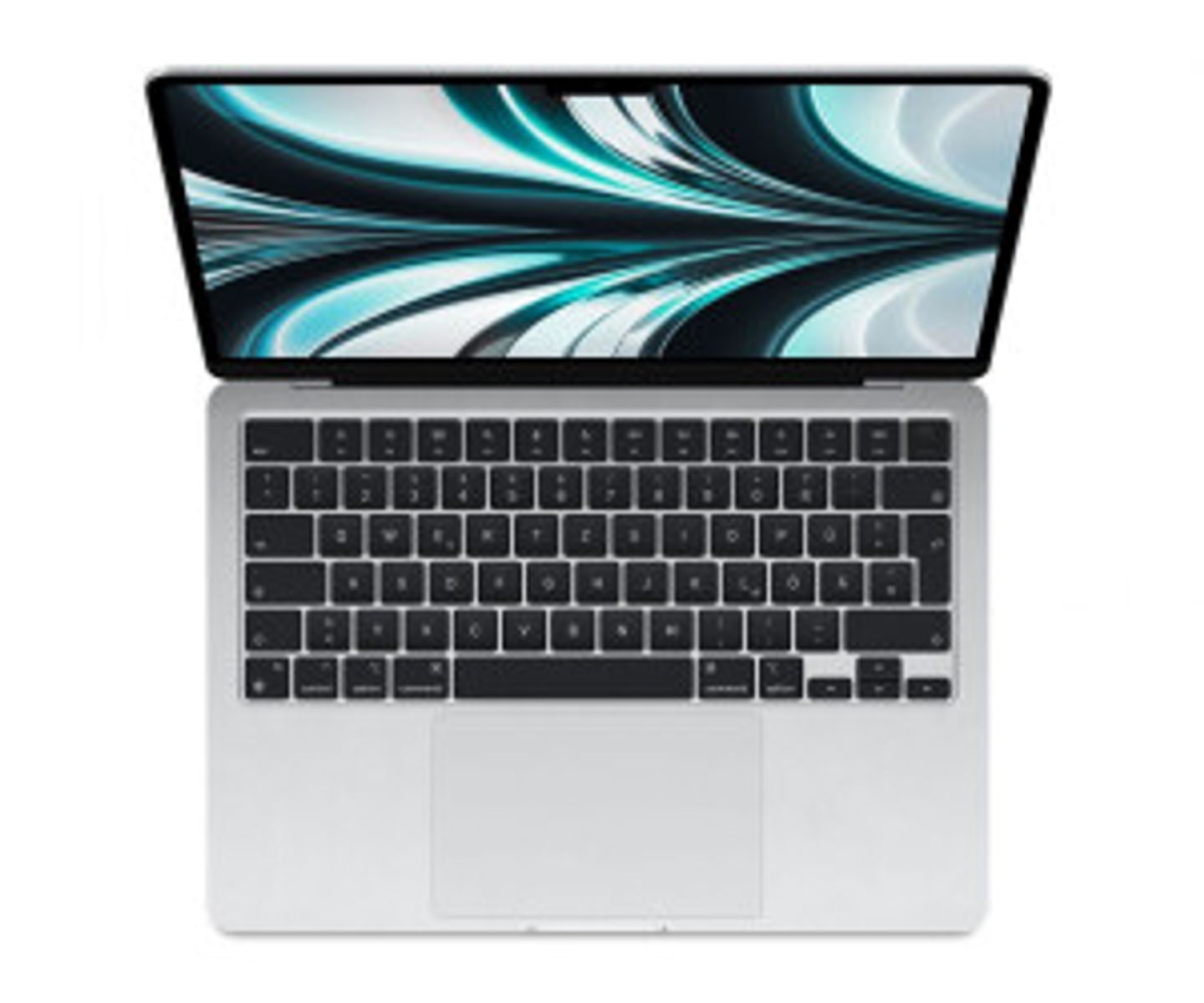 Ein silberner Laptop, Draufsicht, geöffnet, um einen Bildschirm mit blauem und teal Design zu zeigen.