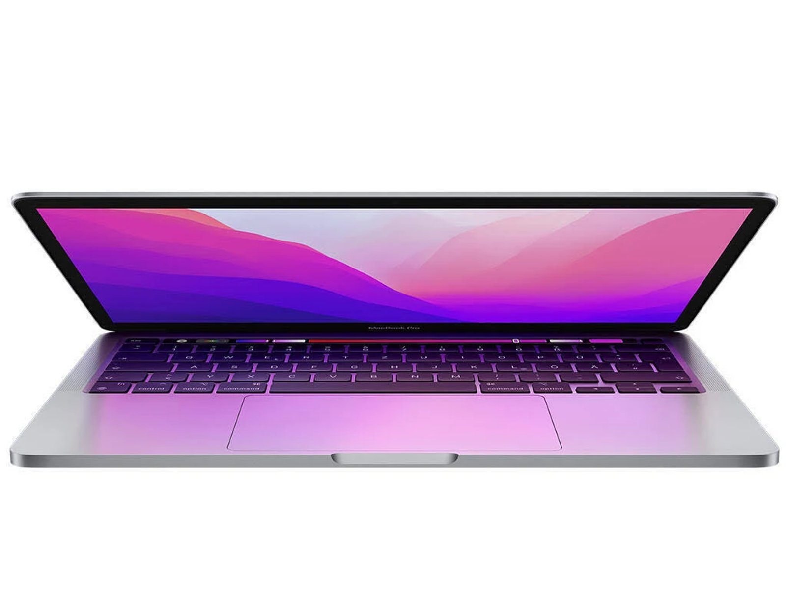 MacBook Pro Laptop, geöffnet, mit einer lebendigen rosa-violetten Bildschirmanzeige.
