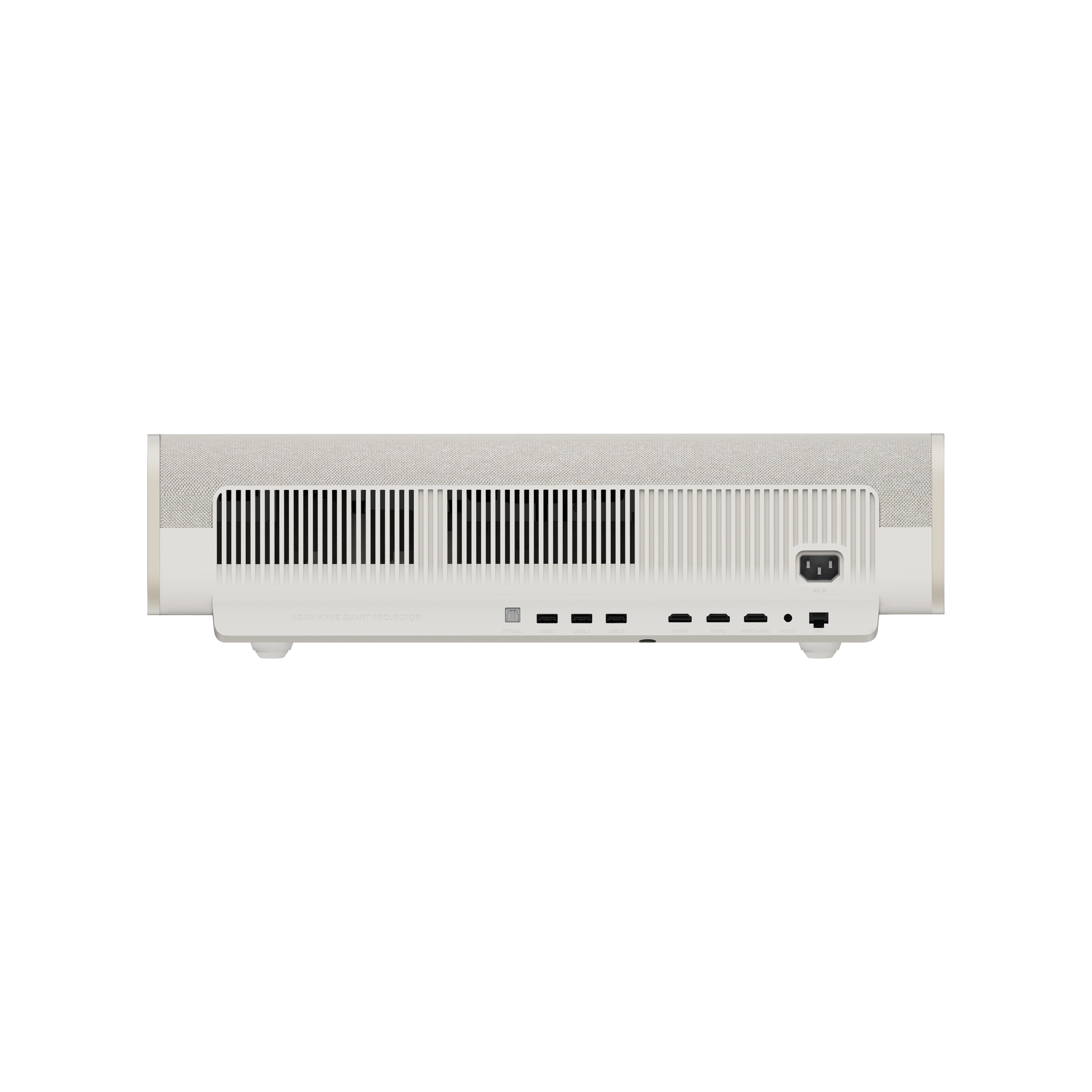 Achteraanzicht van een projector met beige bovenkant, witte behuizing en zwarte ventilatieopeningen. Stroompoort zichtbaar.