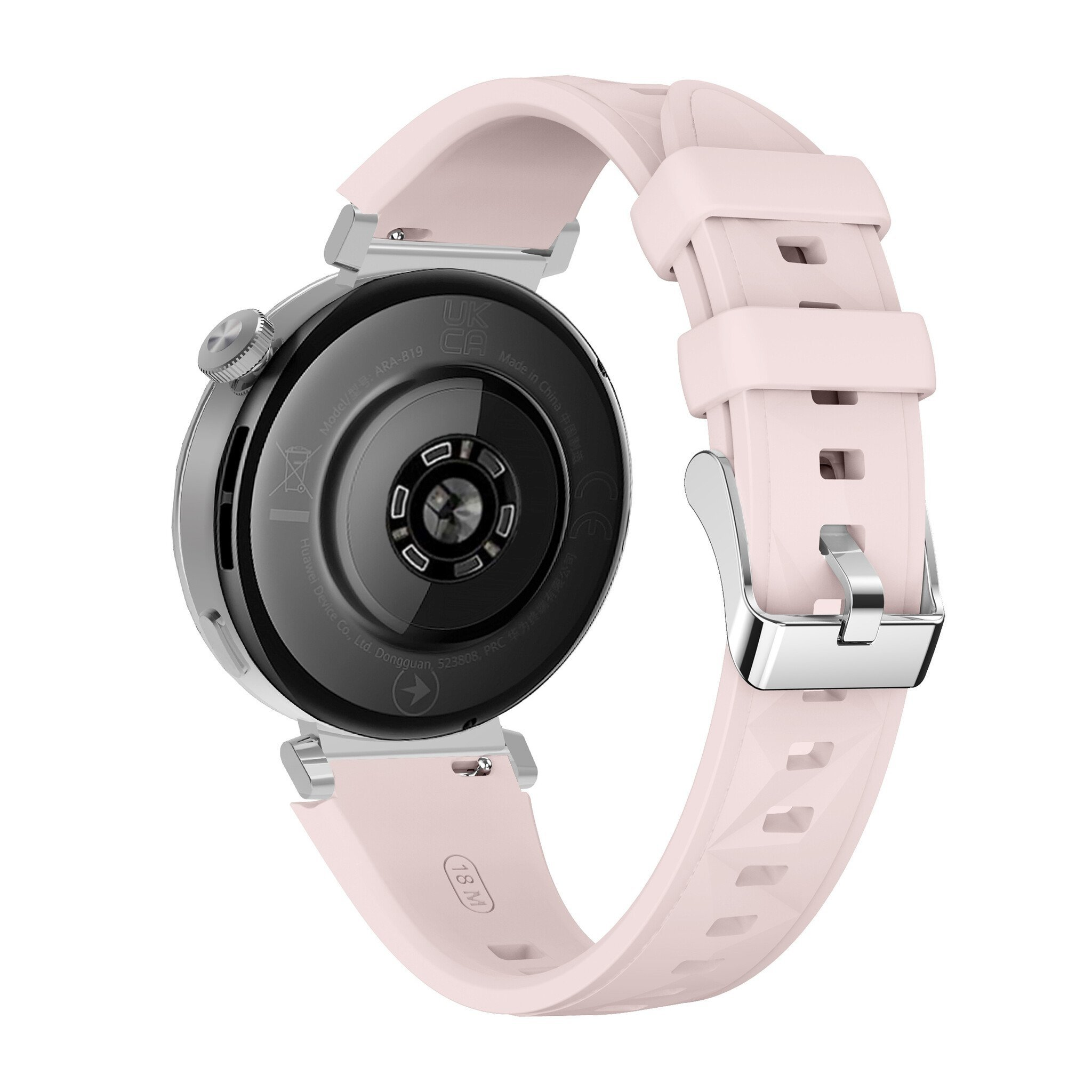 Rosafarbene Smartwatch mit hellrosa Armband und silbernem Gehäuse, auf weißem Hintergrund.