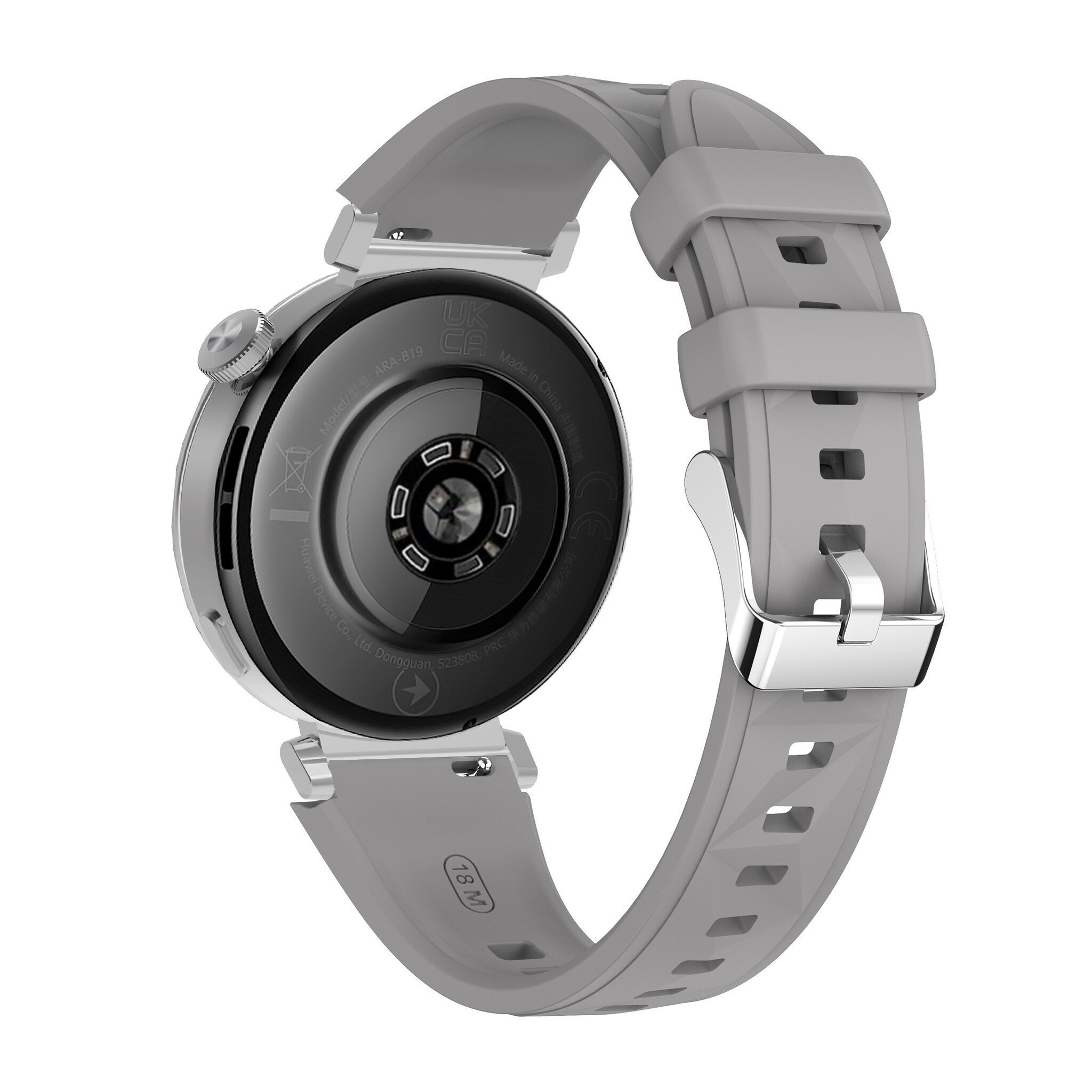 Nahaufnahme der Rückseite einer Smartwatch. Die Uhr ist grau mit grauem Armband.