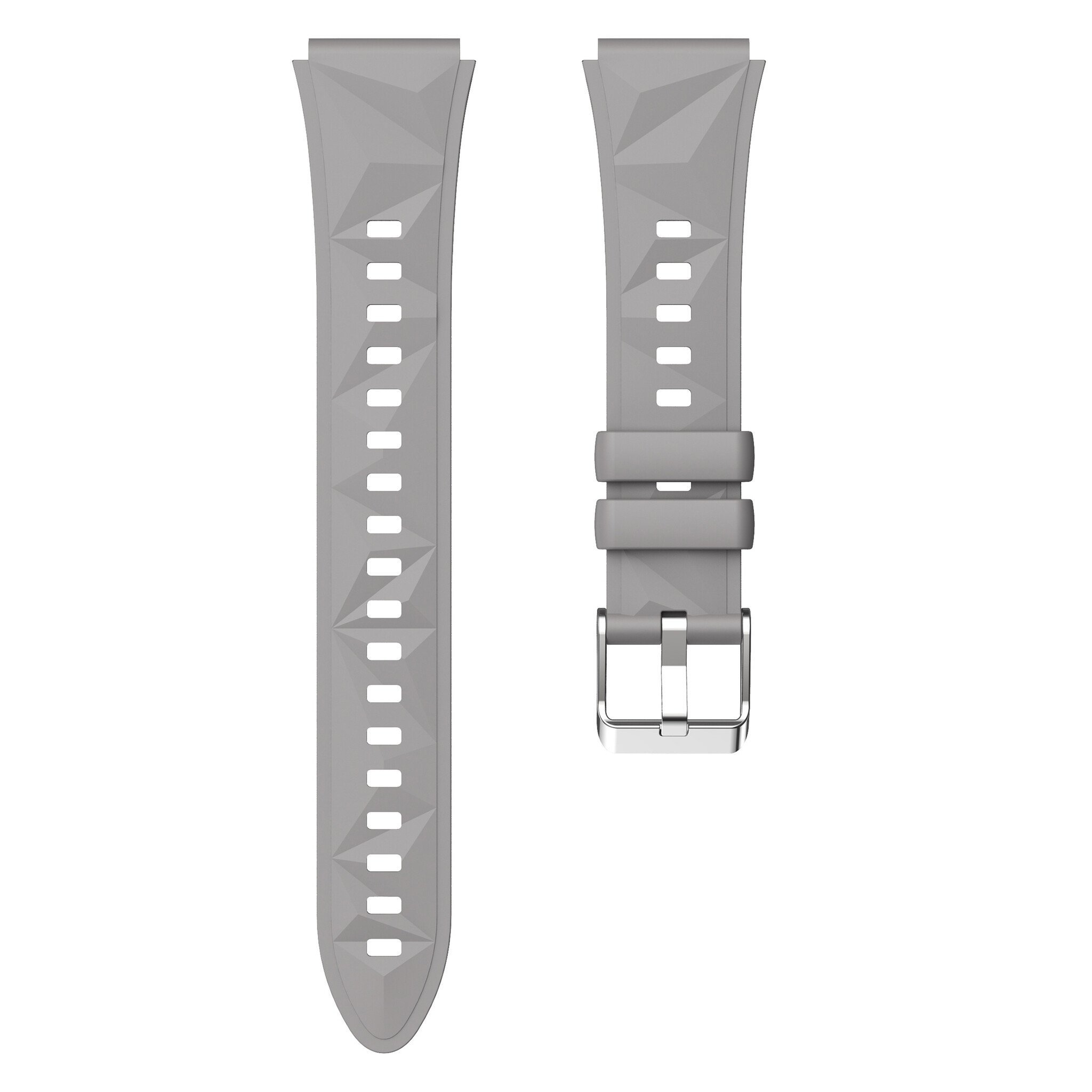 Zwei graue Uhrenarmbänder. Eines mit Löchern und das andere mit einer Schnalle. Weißer Hintergrund.