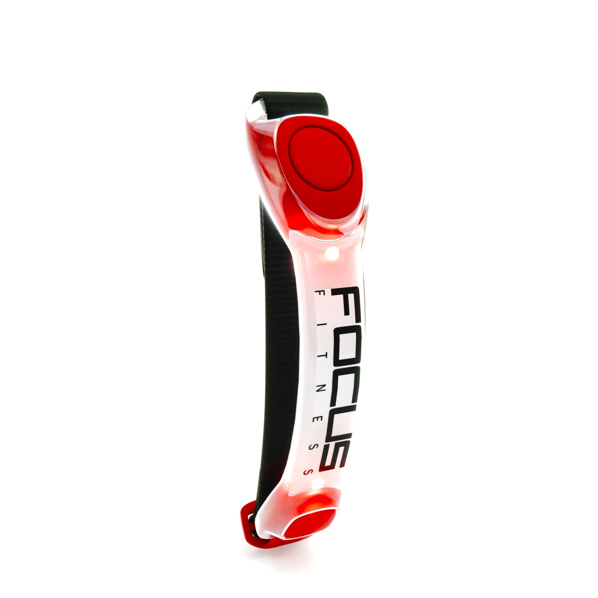 Een rode en witte fitnesstracker met de tekst 'FOCUS FITNESS' in zwart op een witte achtergrond.
