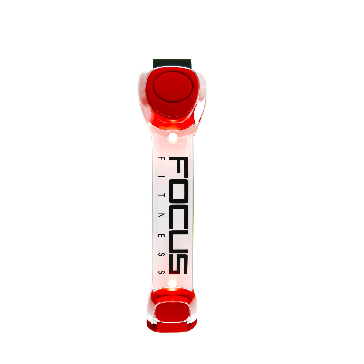 Rode en transparante Focus Fitness armband met het logo van het merk.