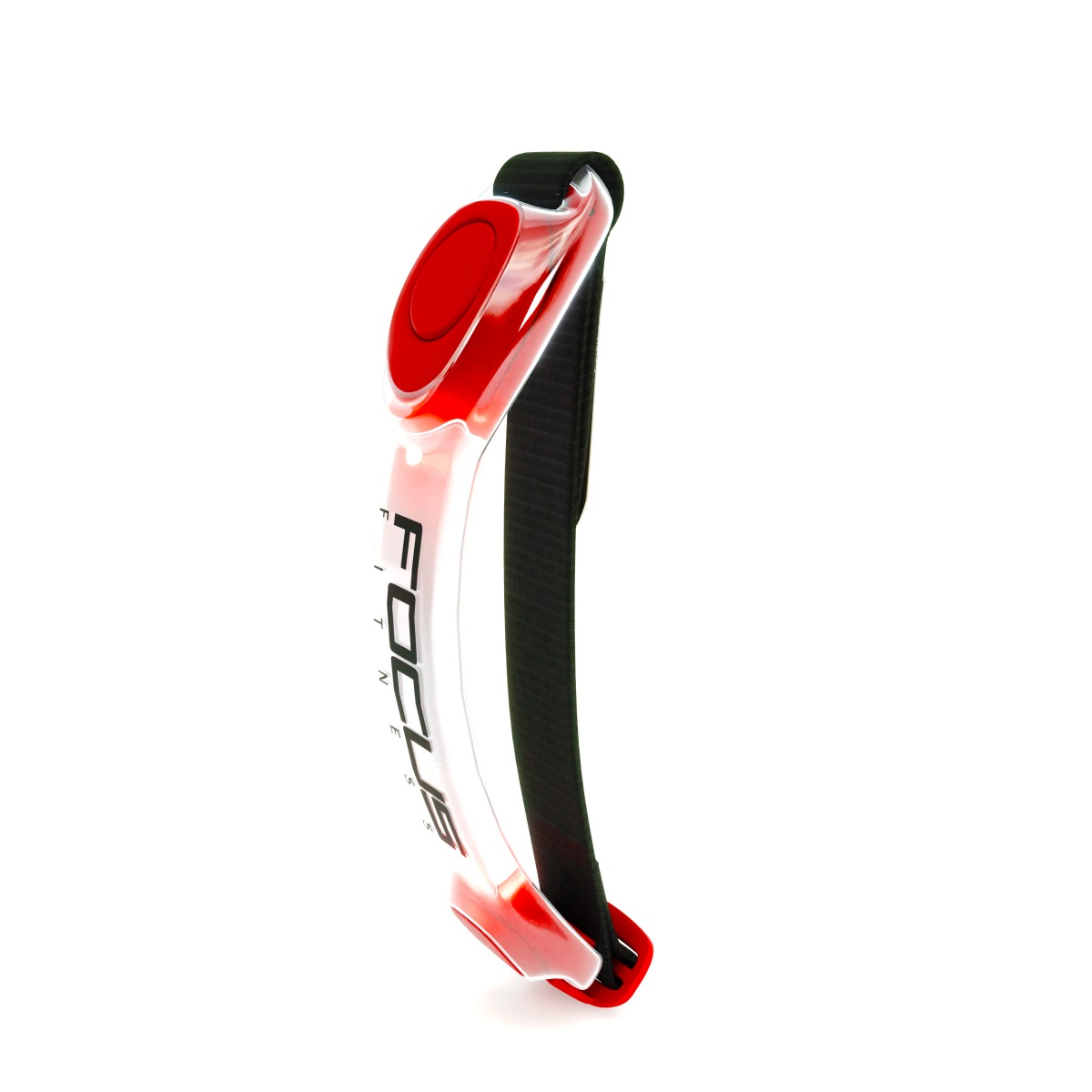 Rode en witte fitnessband met het woord FOCUS erop en zwarte band.