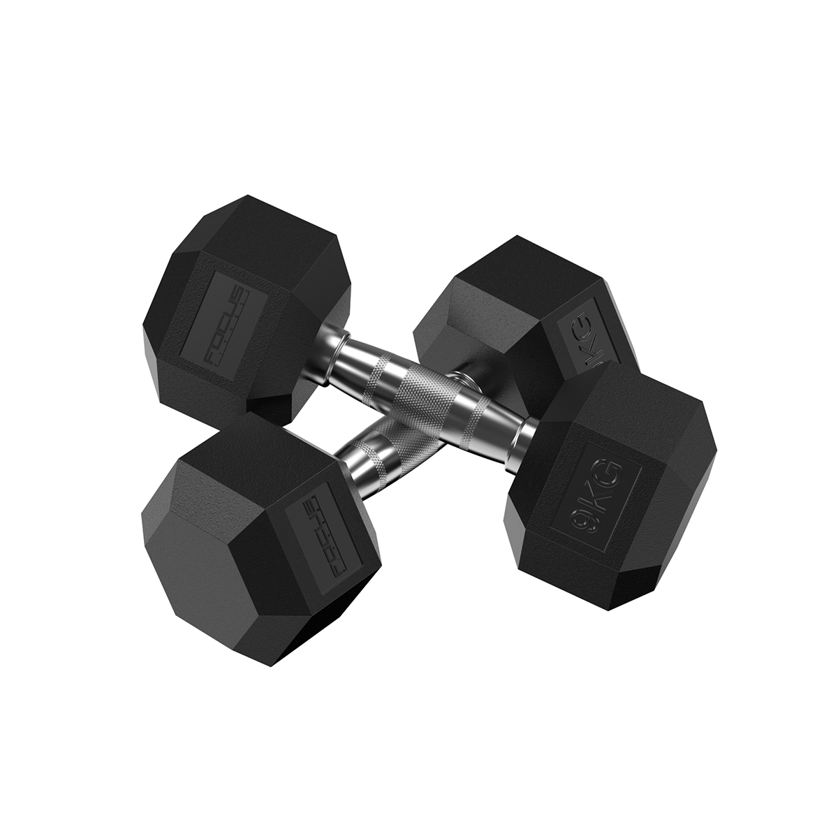 Two black dumbbells with silver handles, resting on a white surface.