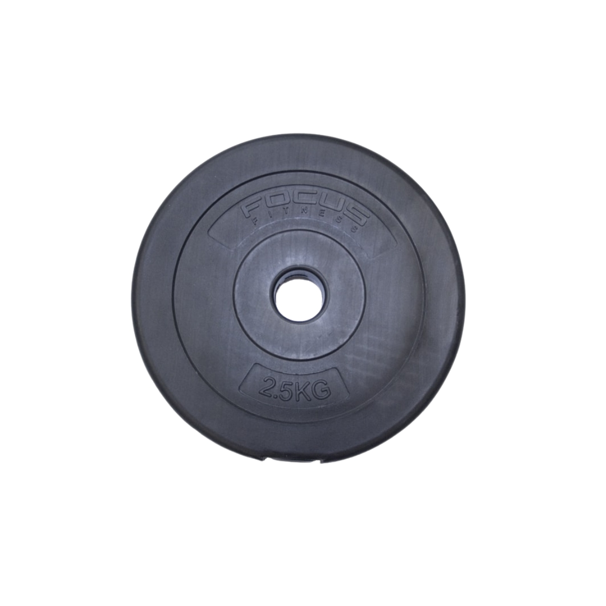 Black weight plate with the words FOCUS FITNESS and 2.5KG in white.