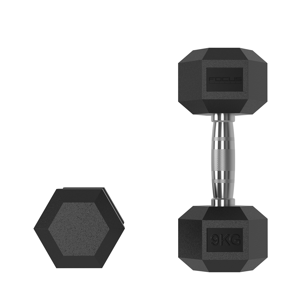 Black dumbbell with hexagonal ends and silver handle. Focus brand on it.