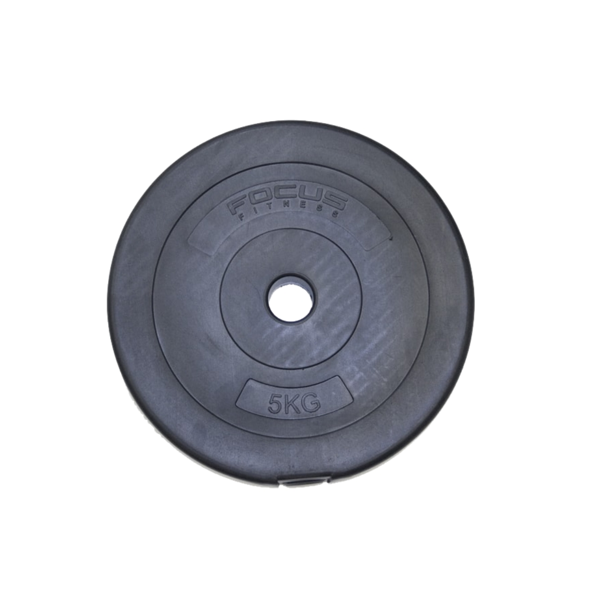 Black weight plate, marked 5KG, with Focus Fitness logo.