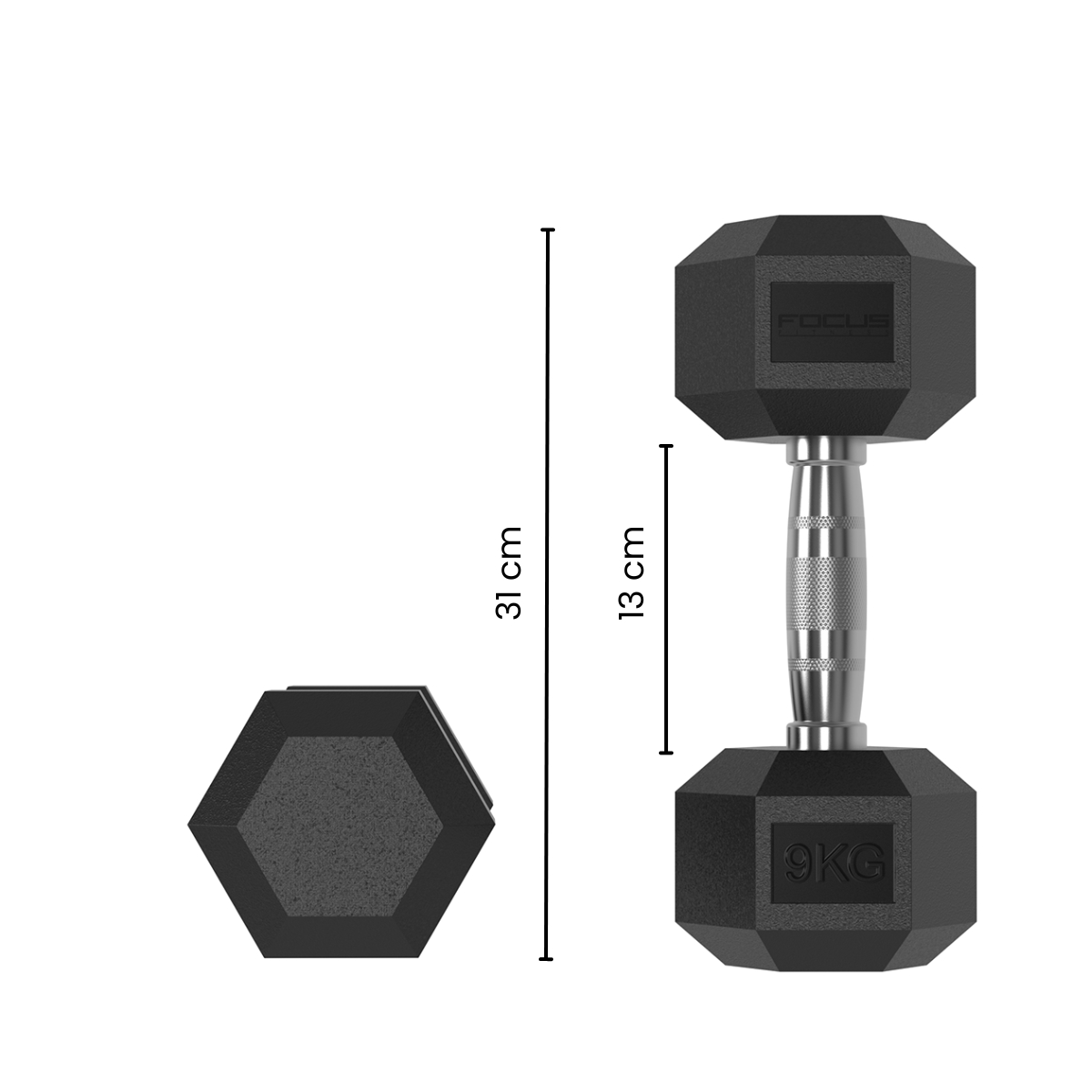 A black dumbbell with a silver handle, labeled 9KG, with size indicators.
