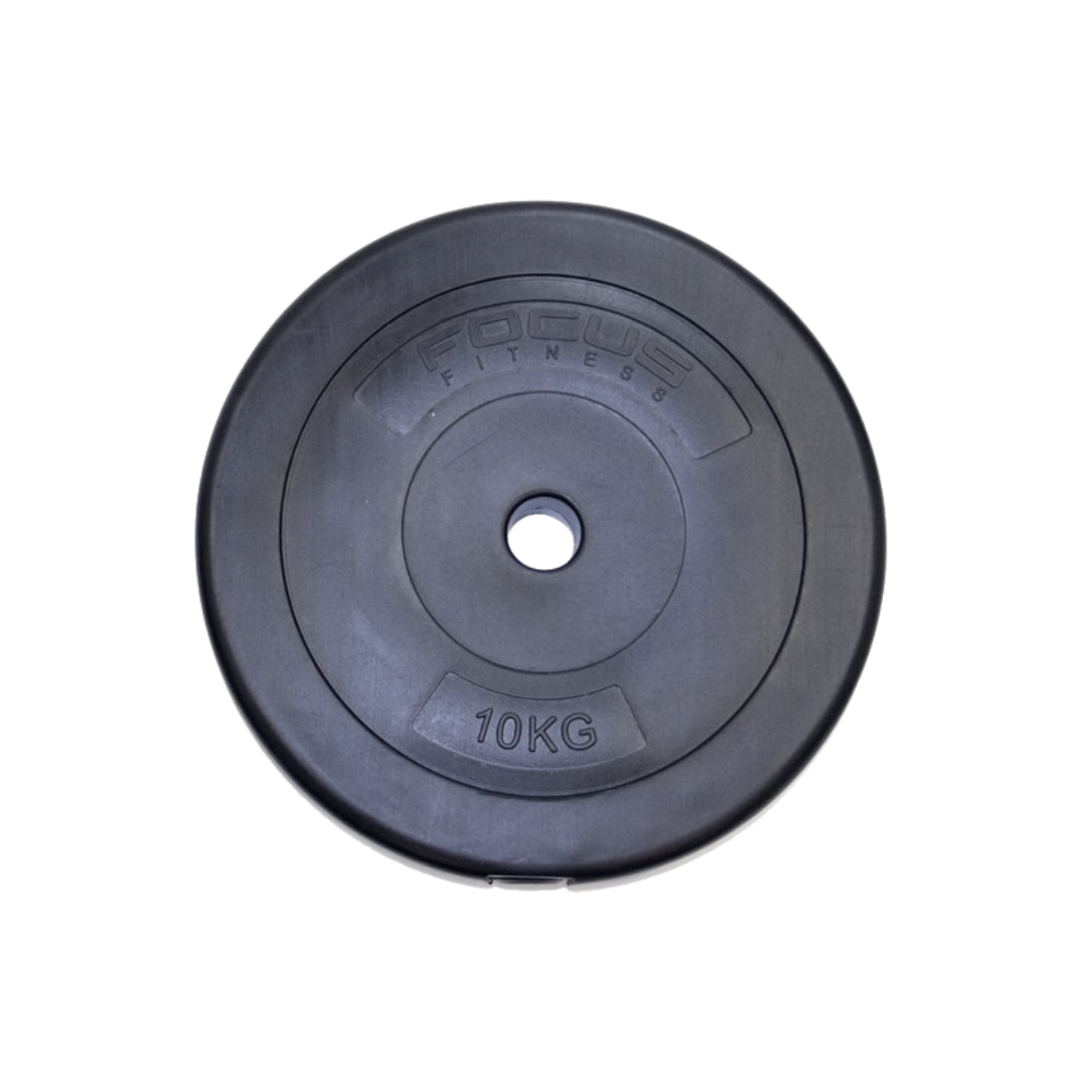 A black weight plate with the text 'FOCUS FITNESS' and '10KG' on it.