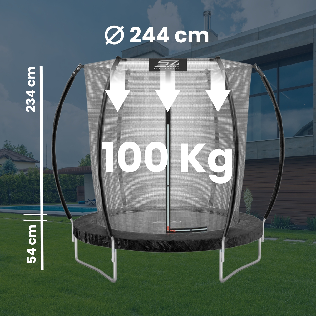 Buitentrampoline met veiligheidsnet, zwart frame en groene grasomgeving.