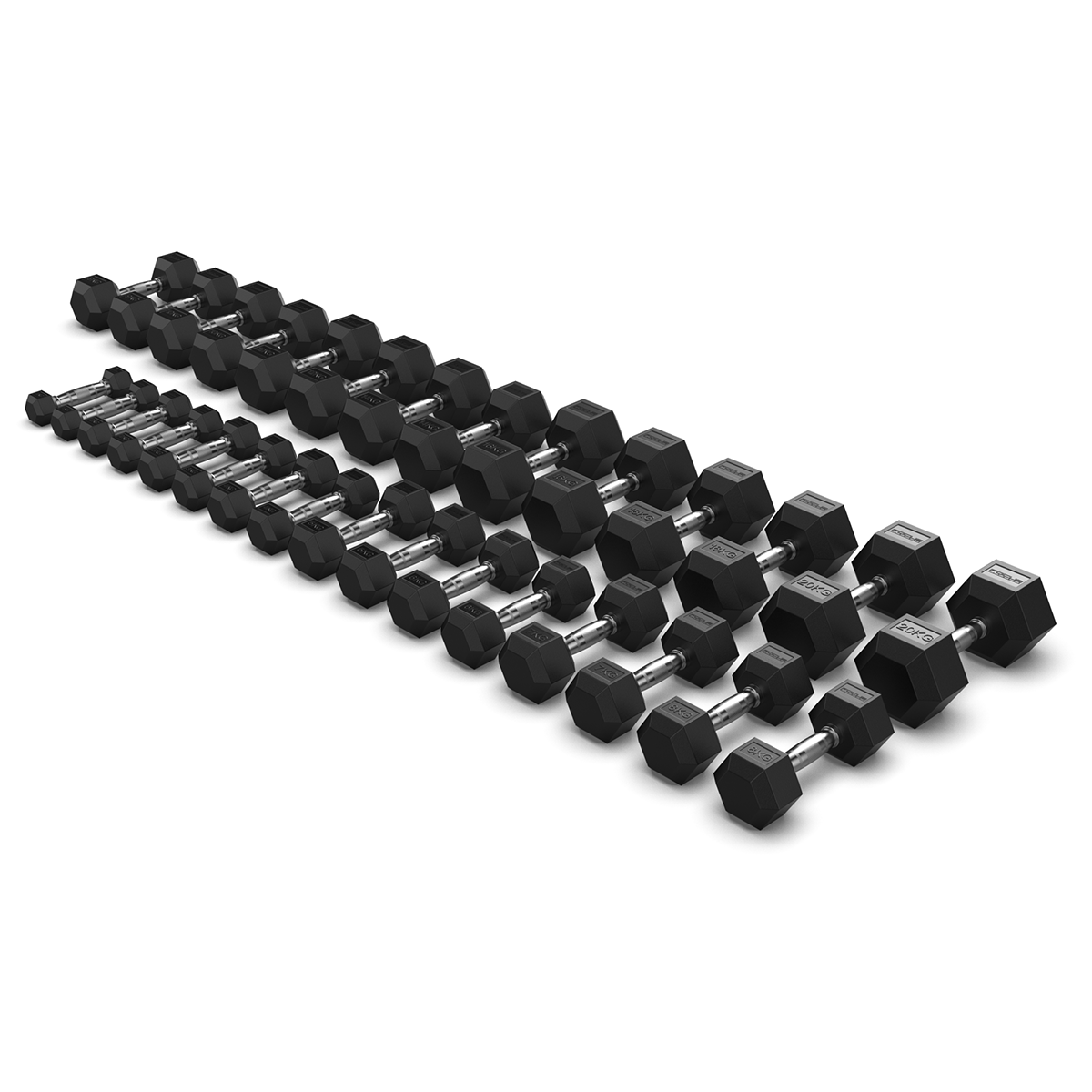 Plusieurs haltères hexagonaux noirs, disposés en rangées. Poignées métalliques. Fond blanc.