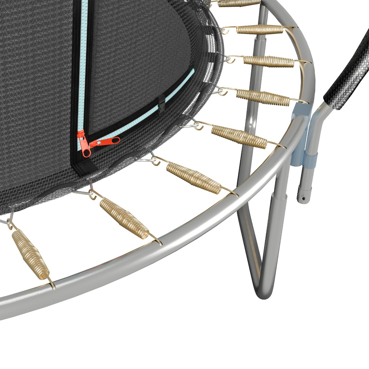 Close-up van een trampolineframe met veren en een rode rits.
