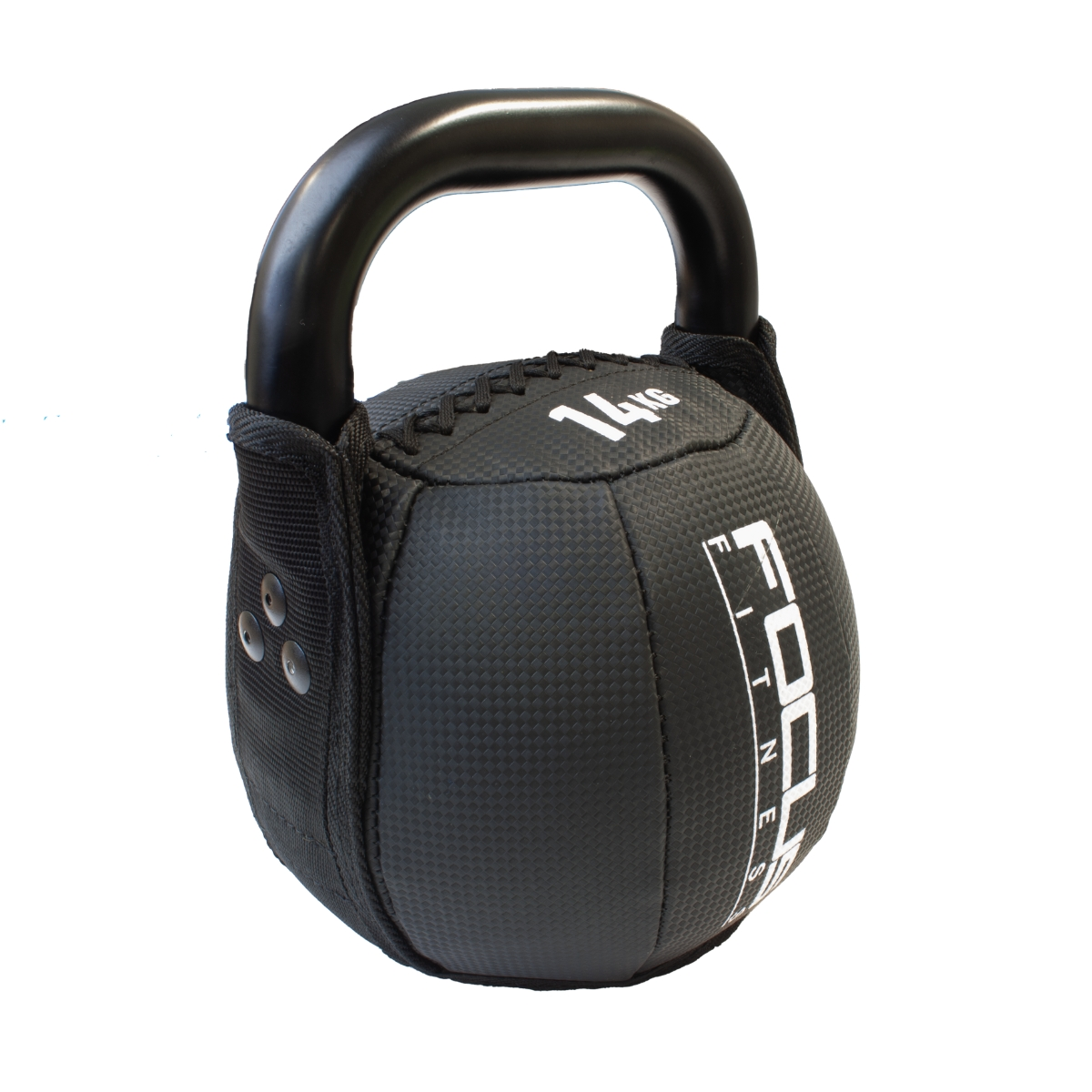 Black kettlebell with a black handle, marked 14 kg.