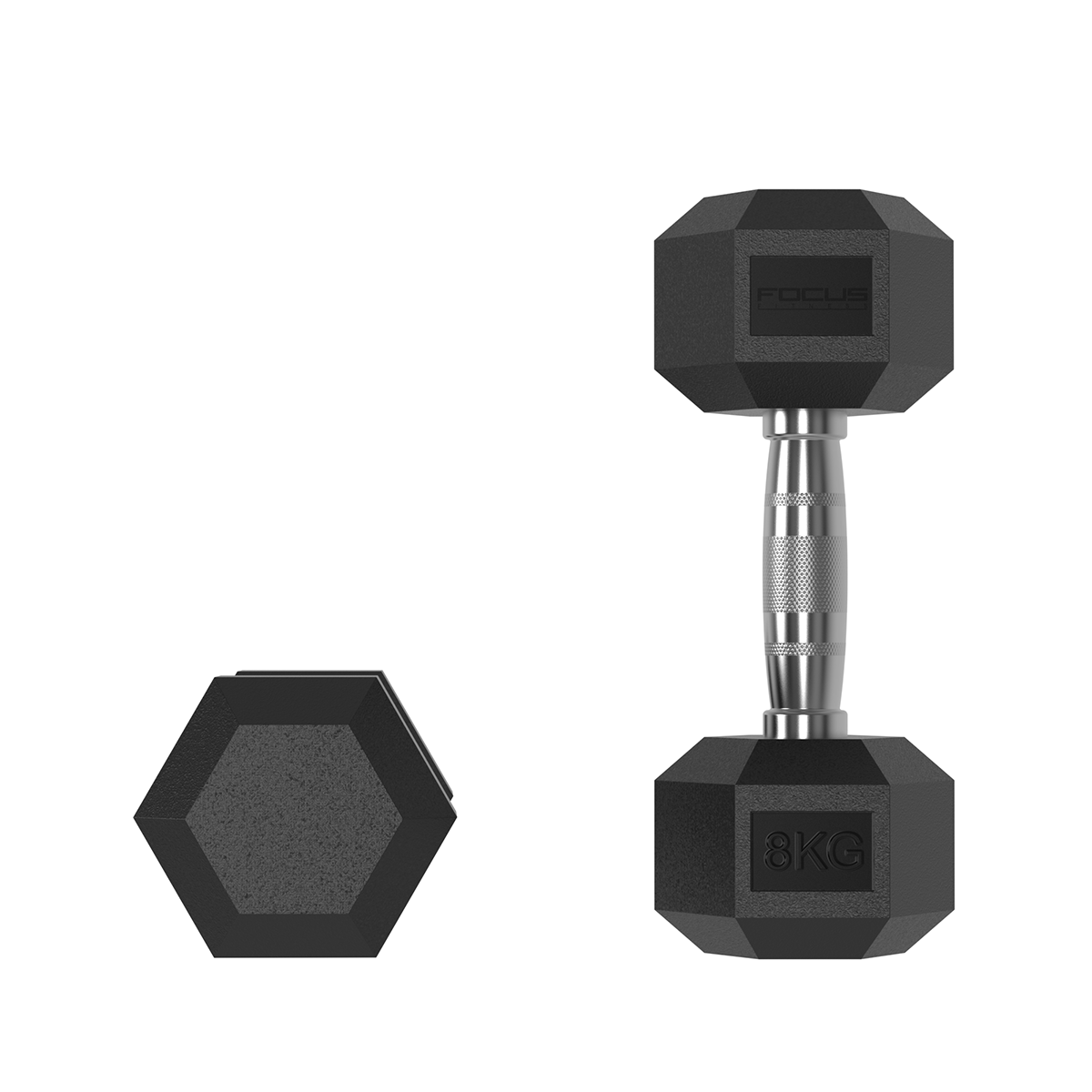 8kg black dumbbell with silver handle and hexagonal ends on a white background.