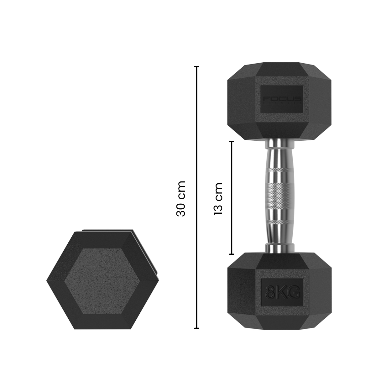 Black dumbbell next to a side view, with dimensions 30cm and 13cm, with 8KG on it.