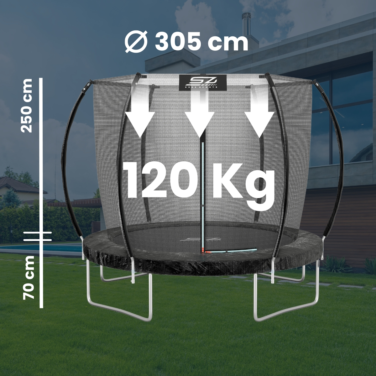 Un trampoline noir avec un filet de sécurité, avec des étiquettes de taille et de capacité de poids dans un jardin.